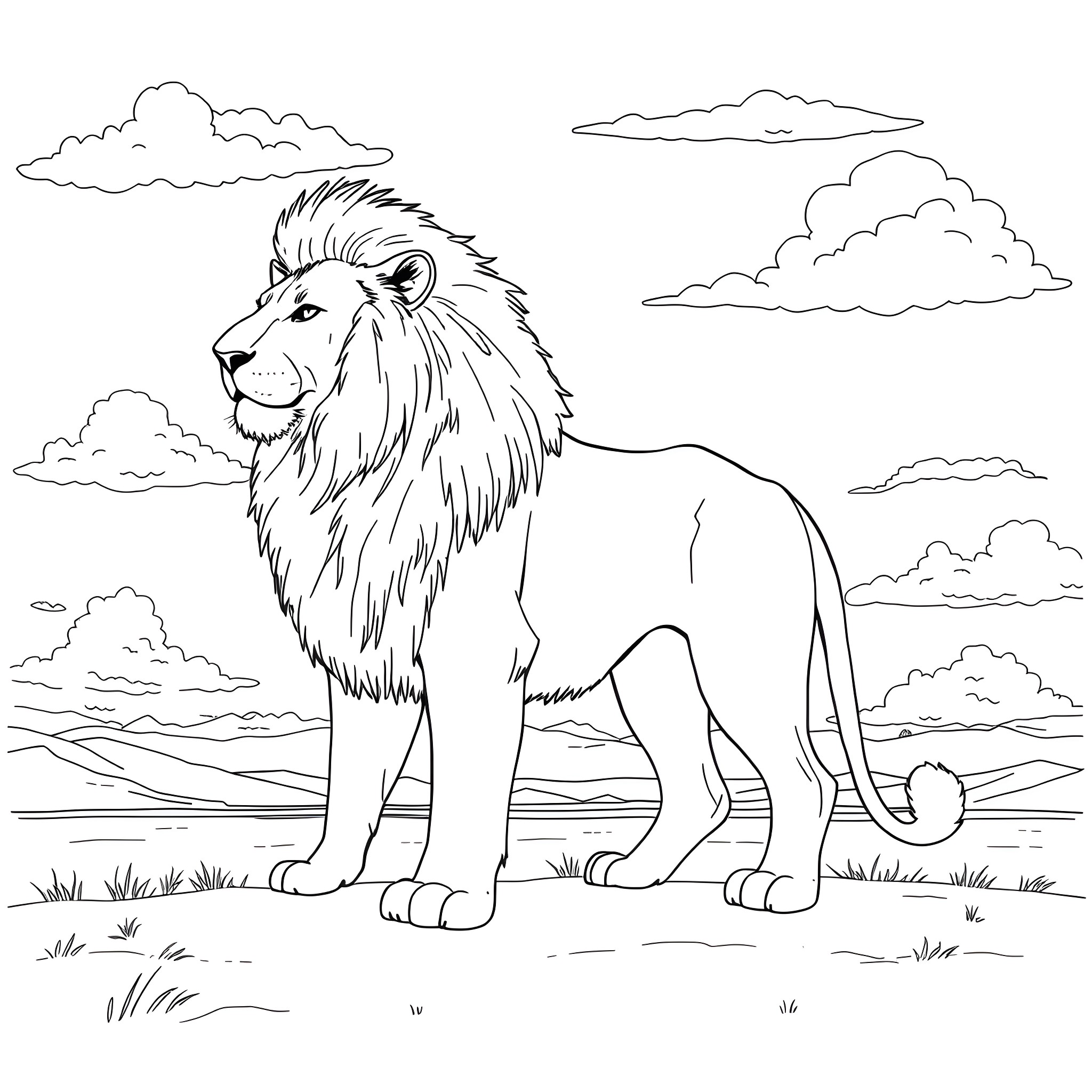 Lion standing proudly in the wild Coloring Page (free black-and-white line drawing printable PDF for all, from beginners to advanced learners, including children, teens, adults, and seniors)