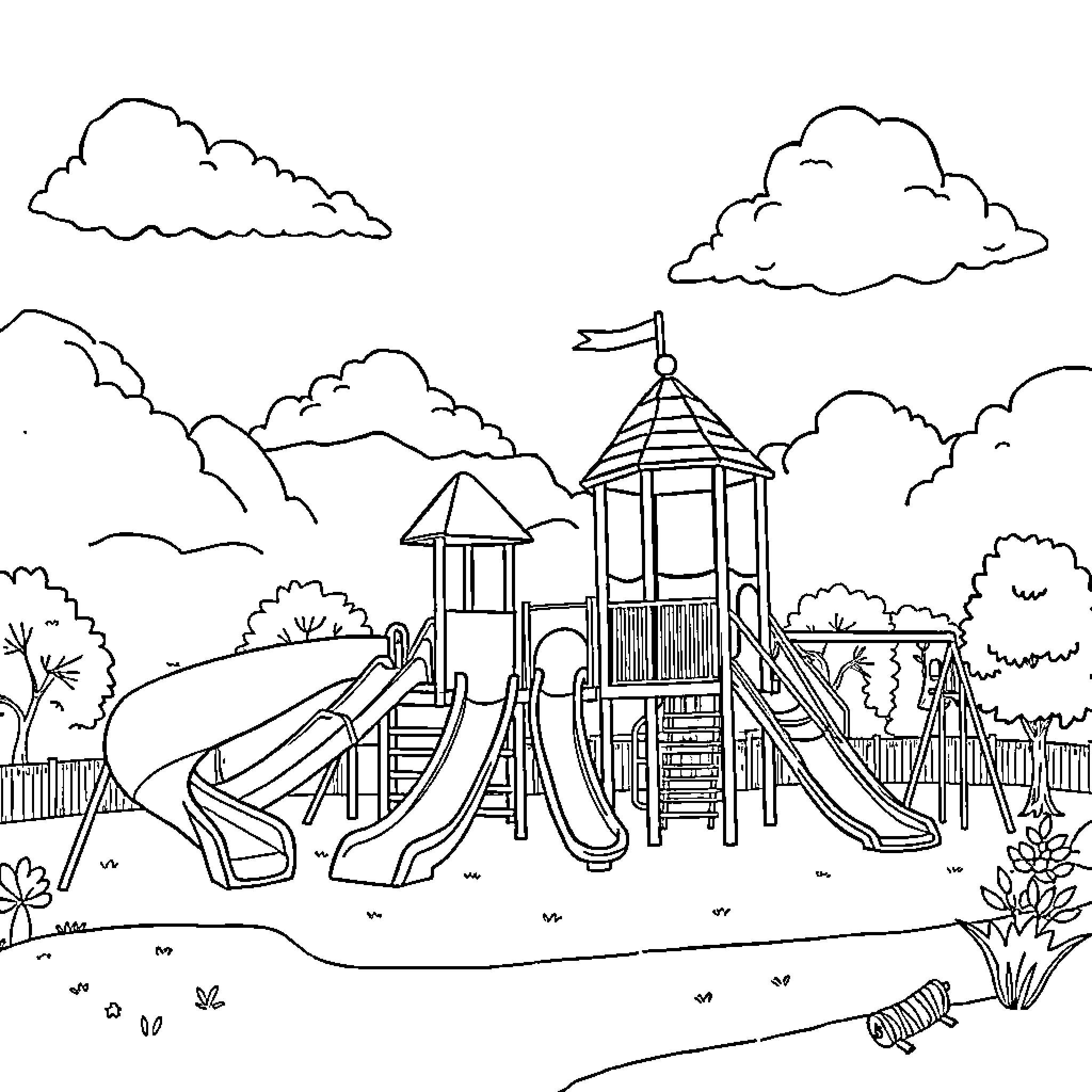 Playground with Slides, Towers, and Clouds Coloring Page (free black-and-white line drawing printable PDF for all, from beginners to advanced learners, including children, teens, adults, and seniors)