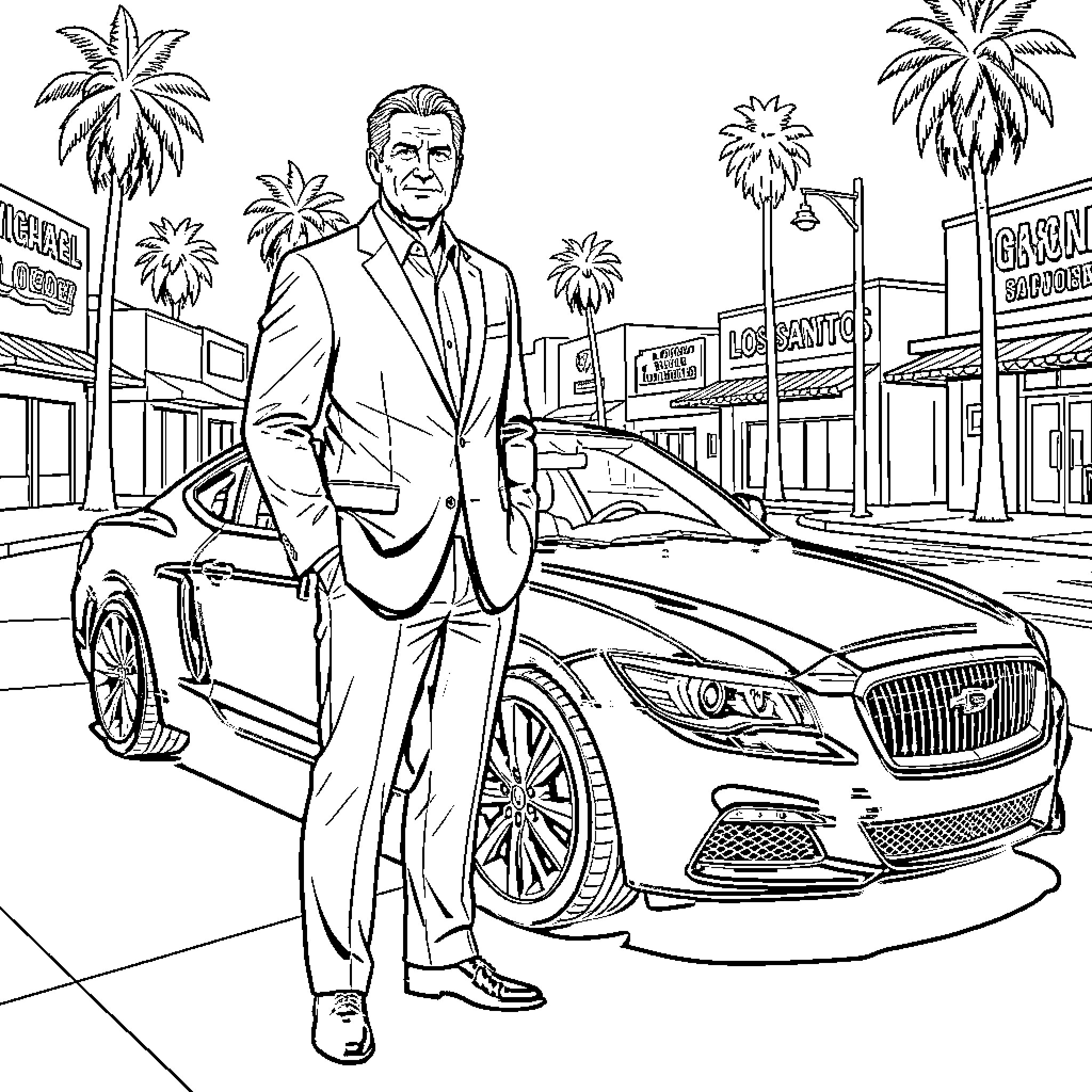Michael in a Sophisticated Pose with Luxury Car Coloring Page (free black-and-white line drawing printable PDF for all, from beginners to advanced learners, including children, teens, adults, and seniors)