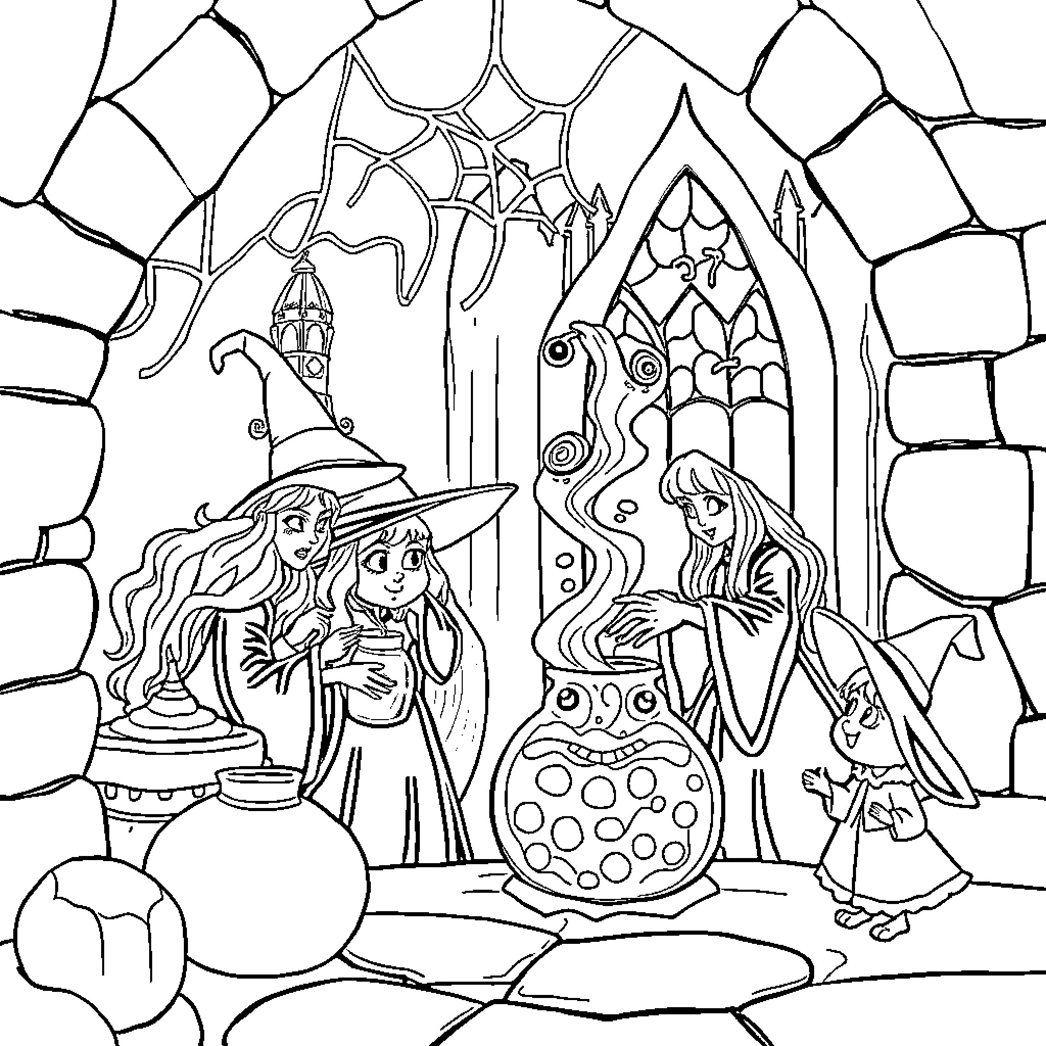 Witch Casting Spells in Enchanted Castle Coloring Page (free black-and-white line drawing printable PDF for all, from beginners to advanced learners, including children, teens, adults, and seniors)