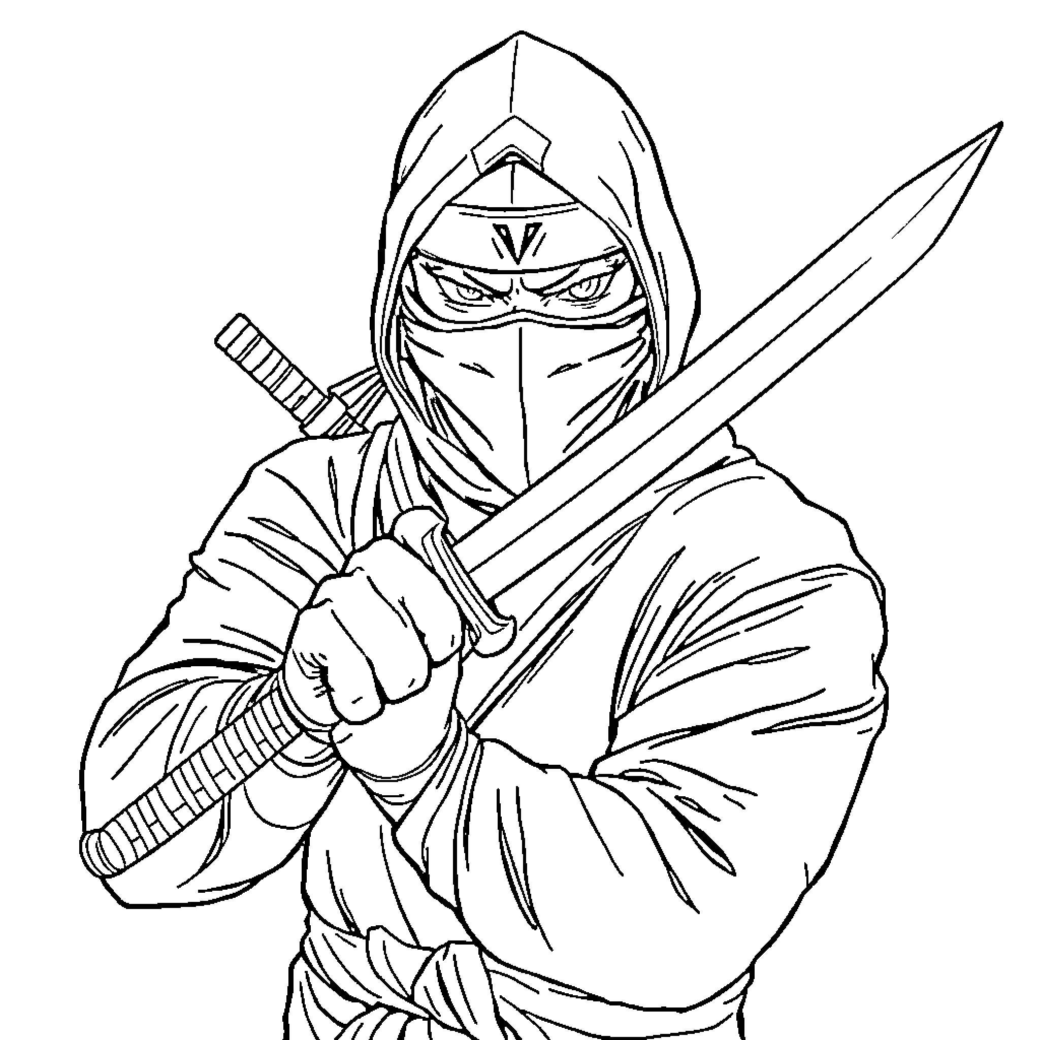 Ninja Warrior Wielding Swords with Determination Coloring Page (free black-and-white line drawing printable PDF for all, from beginners to advanced learners, including children, teens, adults, and seniors)