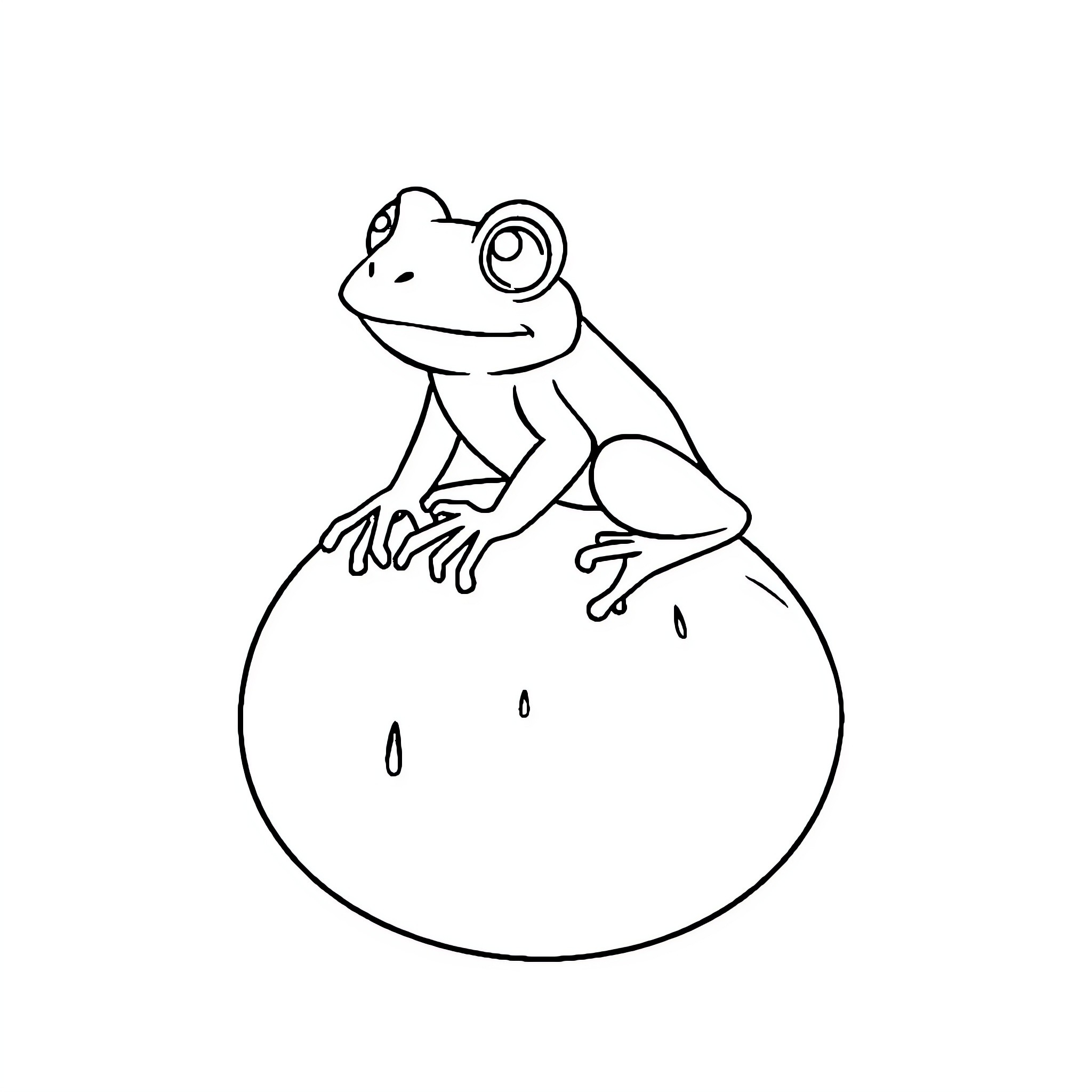 Frog sitting on a round object Coloring Page (free black-and-white line drawing printable PDF for all, from beginners to advanced learners, including children, teens, adults, and seniors)
