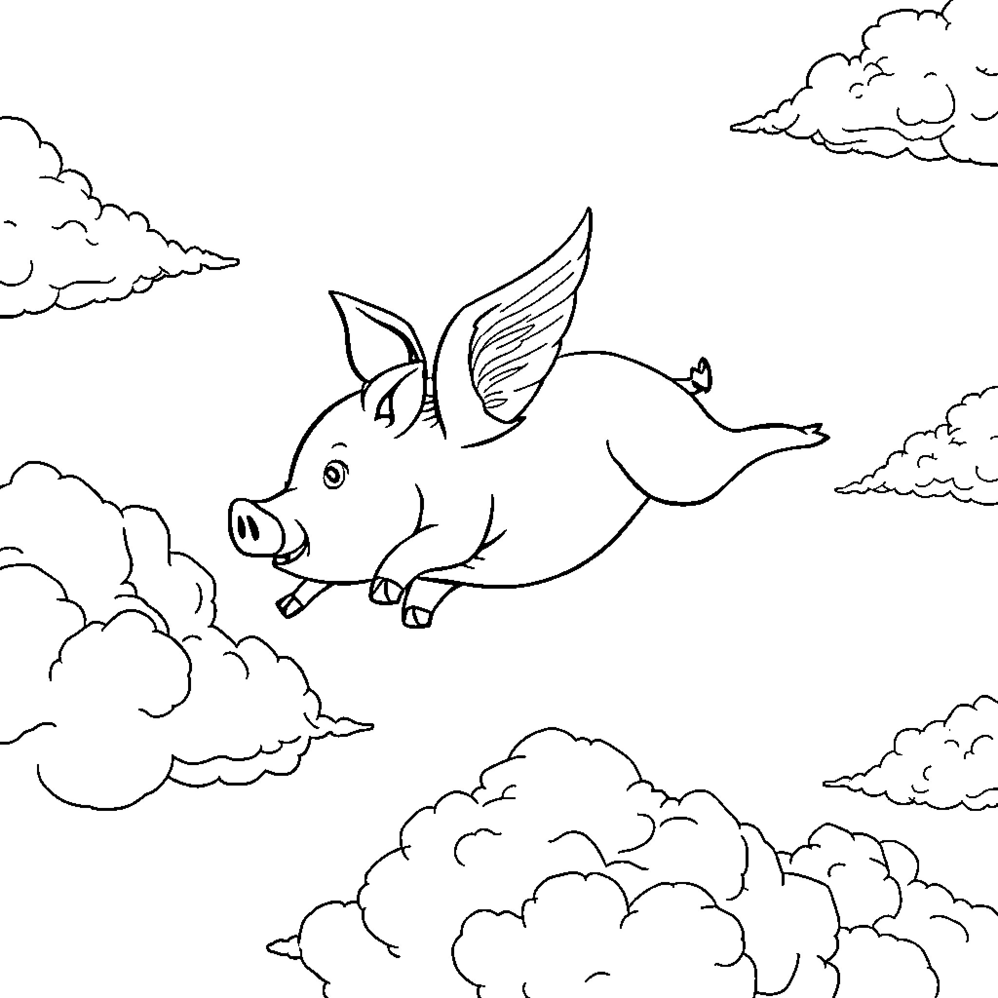 Flying Pig soaring through the cloudy sky Coloring Page (free black-and-white line drawing printable PDF for all, from beginners to advanced learners, including children, teens, adults, and seniors)
