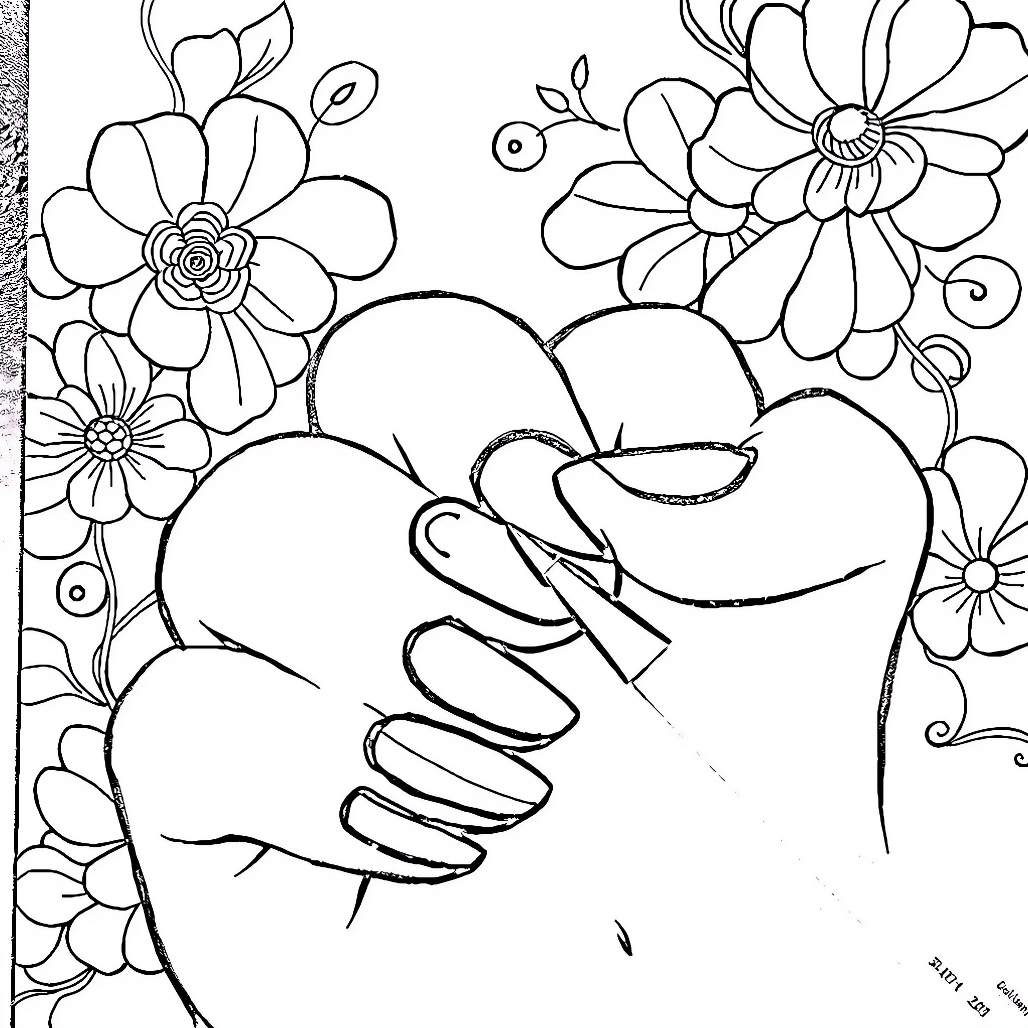 Stick Figures Embracing Amidst Floral Blooms Coloring Page (free black-and-white line drawing printable PDF for all, from beginners to advanced learners, including children, teens, adults, and seniors)