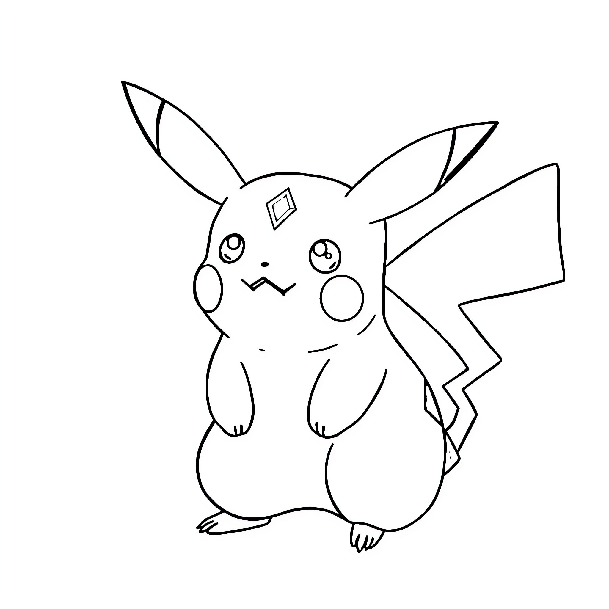 Pikachu in a cute and playful pose Coloring Page (free black-and-white line drawing printable PDF for all, from beginners to advanced learners, including children, teens, adults, and seniors)