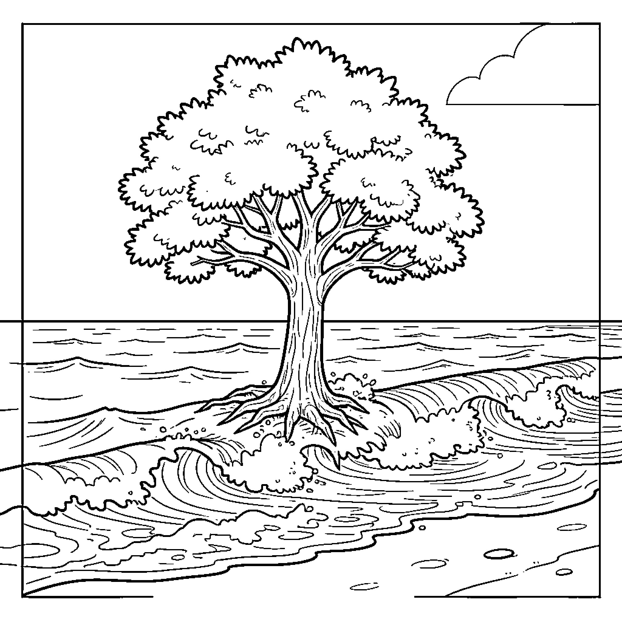 Tree swaying in the wind over a stormy ocean Coloring Page (free black-and-white line drawing printable PDF for all, from beginners to advanced learners, including children, teens, adults, and seniors)