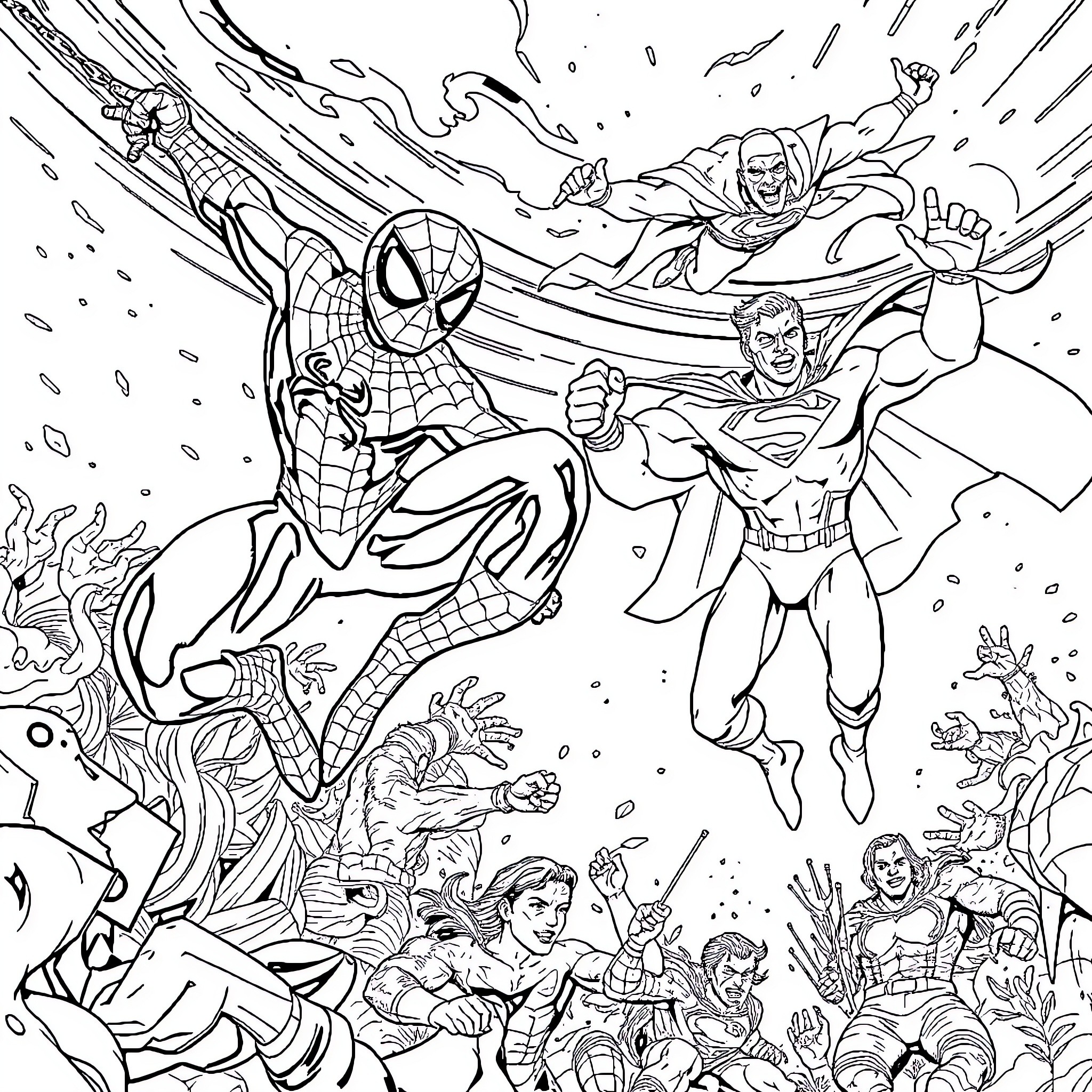 Superman and Superheroes in Action-Packed Battle Coloring Page (free black-and-white line drawing printable PDF for all, from beginners to advanced learners, including children, teens, adults, and seniors)