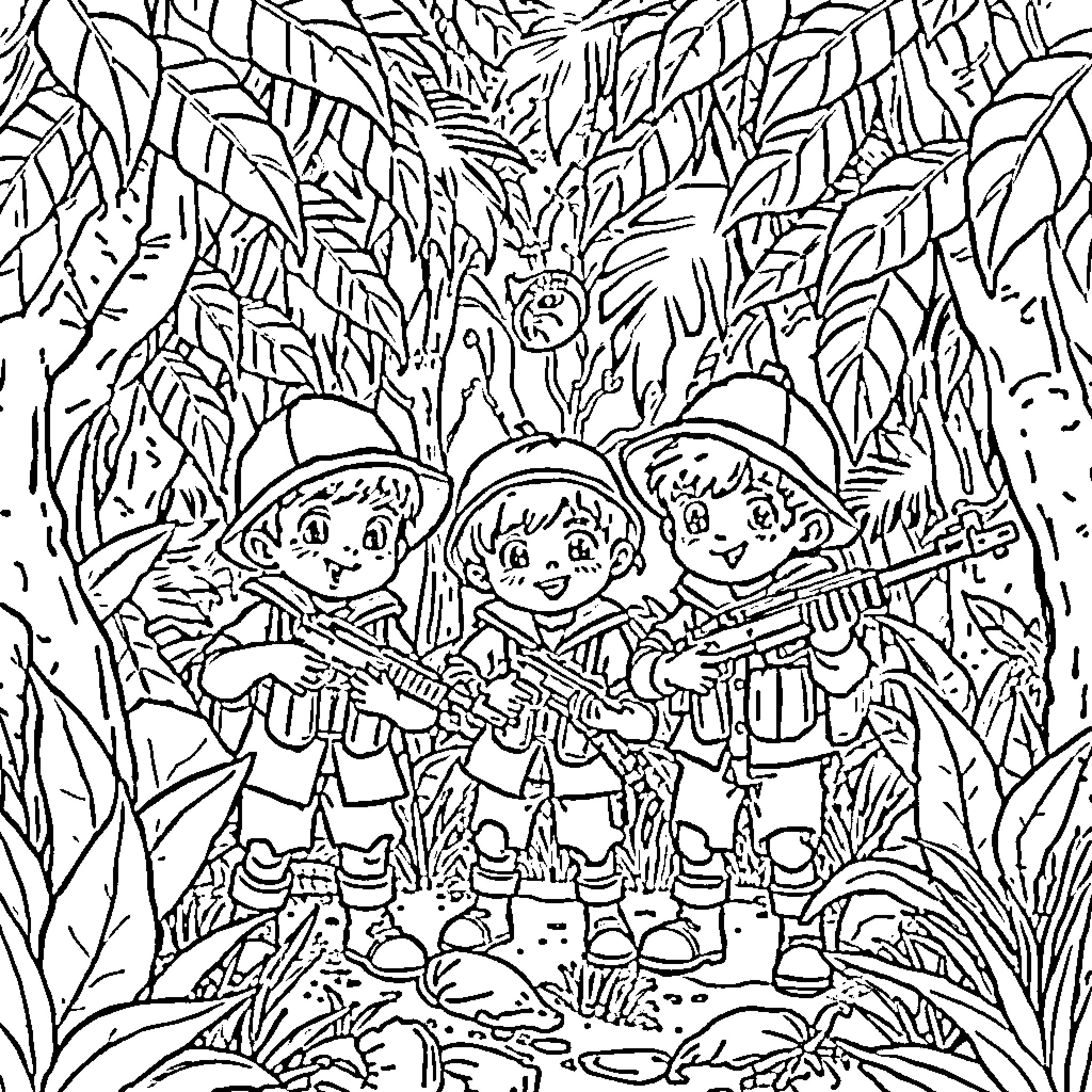 Military Soldiers in Jungle Warfare Coloring Page (free black-and-white line drawing printable PDF for all, from beginners to advanced learners, including children, teens, adults, and seniors)