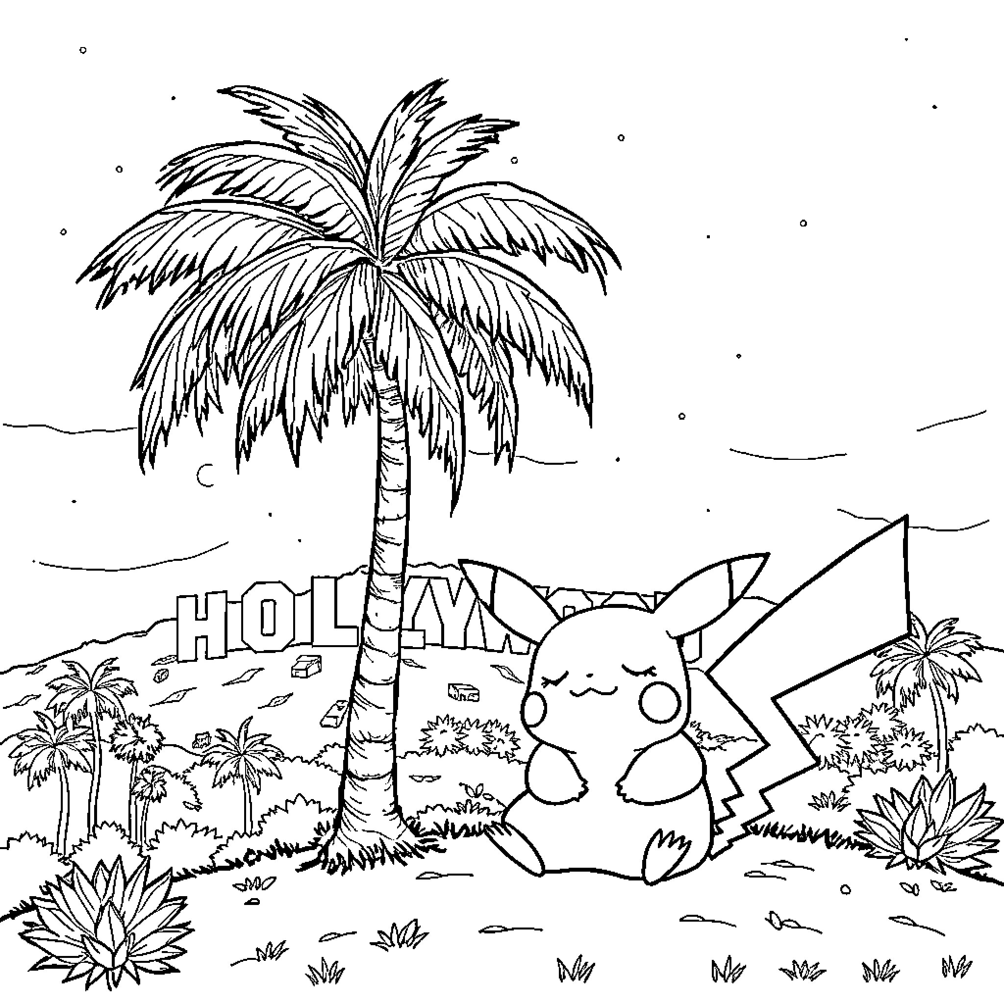 Pikachu exploring the tropical island landscape Coloring Page (free black-and-white line drawing printable PDF for all, from beginners to advanced learners, including children, teens, adults, and seniors)