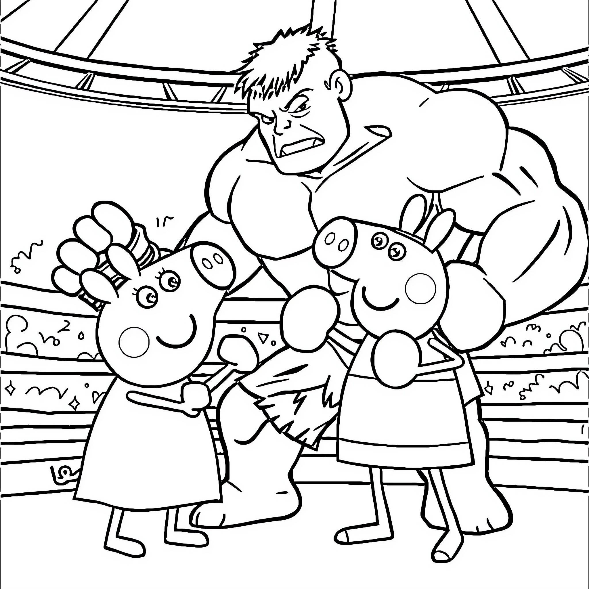 Hulk Crushing Cartoon Characters in the Arena Coloring Page (free black-and-white line drawing printable PDF for all, from beginners to advanced learners, including children, teens, adults, and seniors)