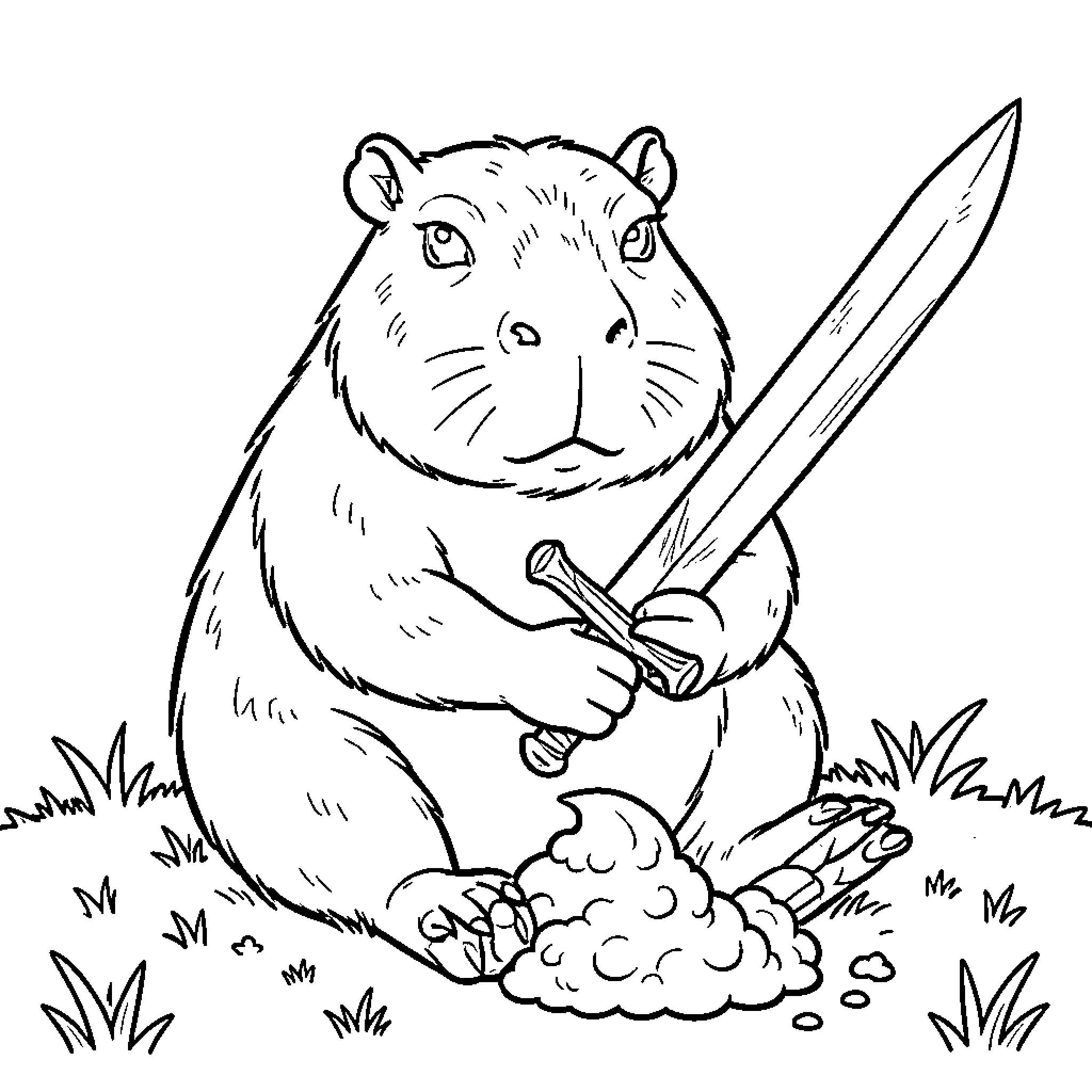Capybara digging in the grass with tools Coloring Page (free black-and-white line drawing printable PDF for all, from beginners to advanced learners, including children, teens, adults, and seniors)