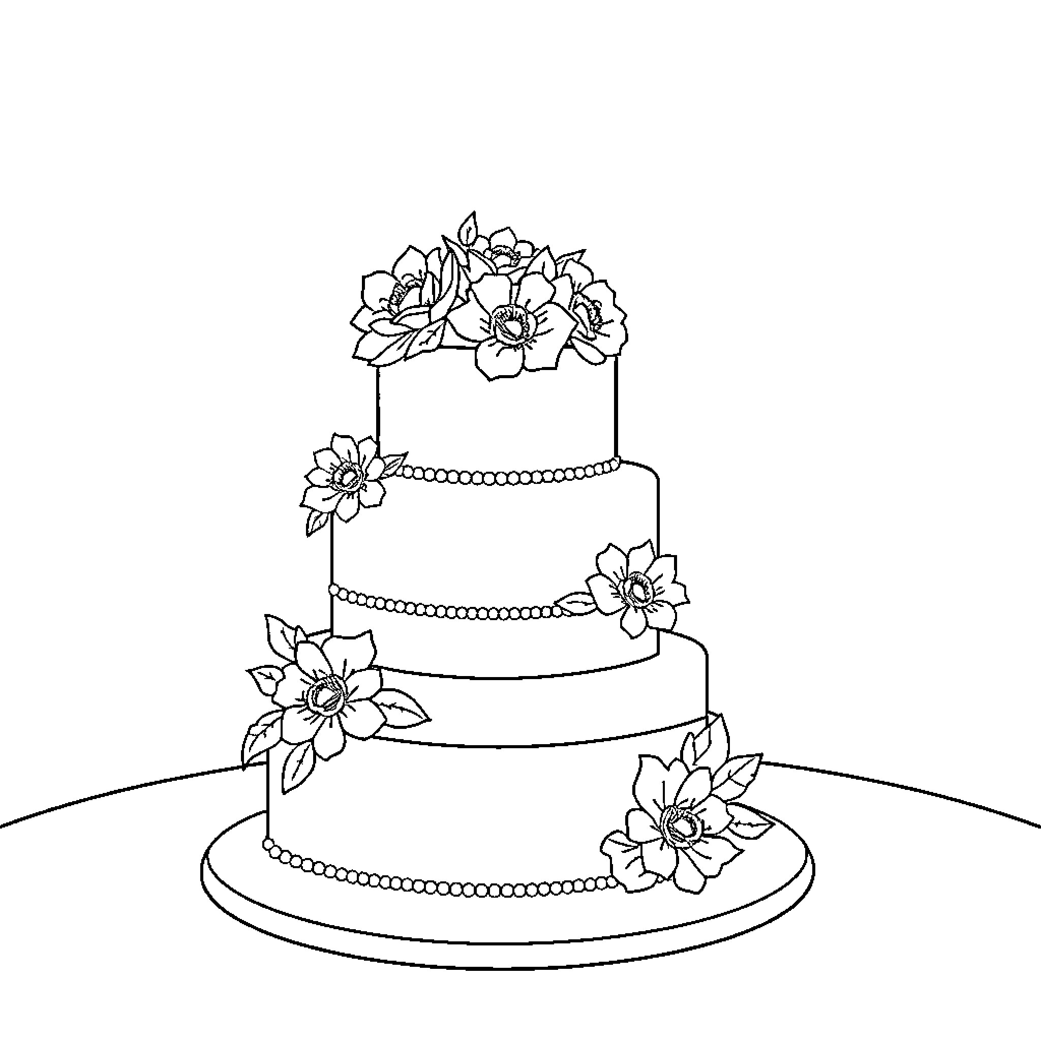 Wedding Cake with Floral Decorations Coloring Page (free black-and-white line drawing printable PDF for all, from beginners to advanced learners, including children, teens, adults, and seniors)