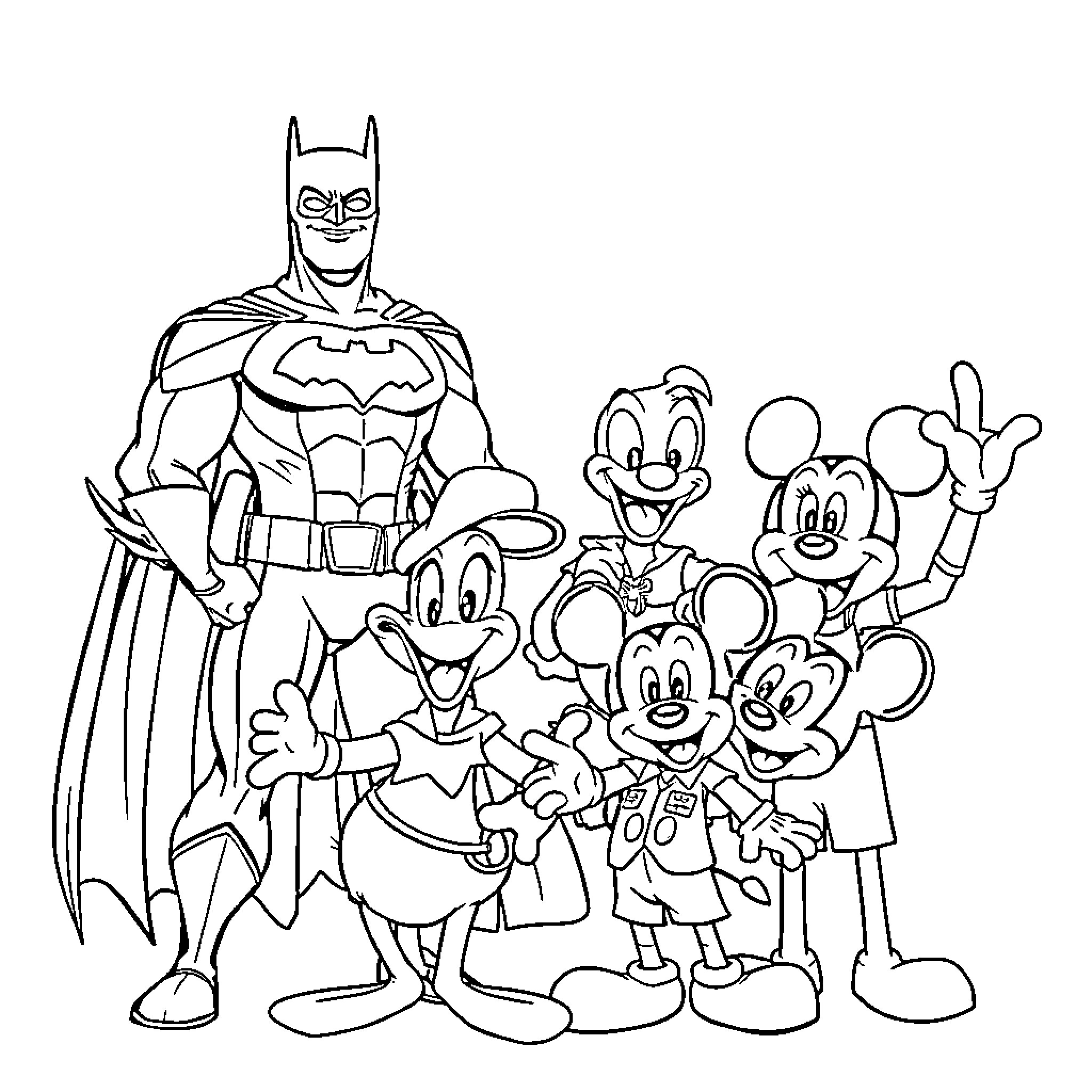 Superhero Characters in Lively Pose Coloring Page (free black-and-white line drawing printable PDF for all, from beginners to advanced learners, including children, teens, adults, and seniors)