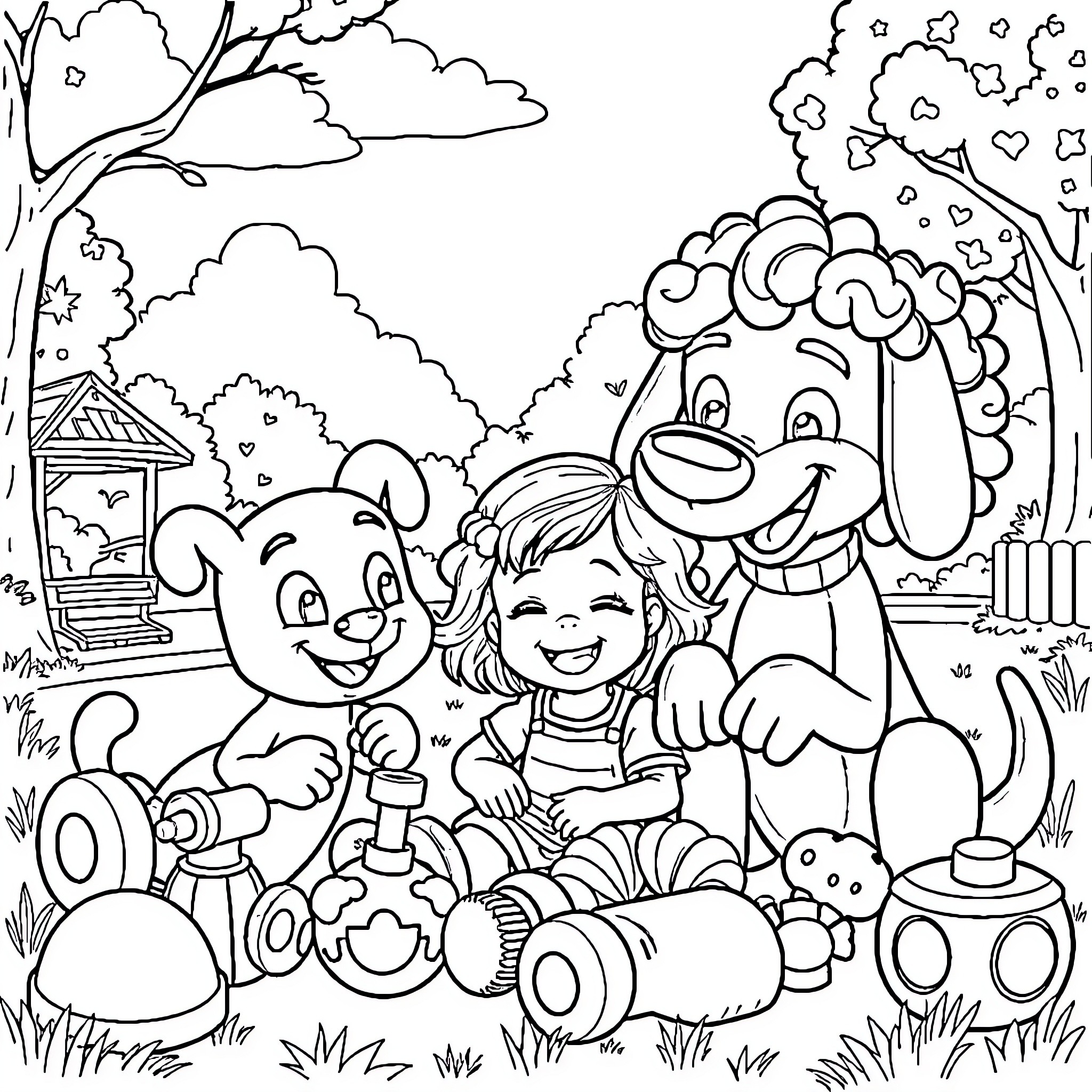 Bluey and friends enjoying outdoor adventures Coloring Page (free black-and-white line drawing printable PDF for all, from beginners to advanced learners, including children, teens, adults, and seniors)