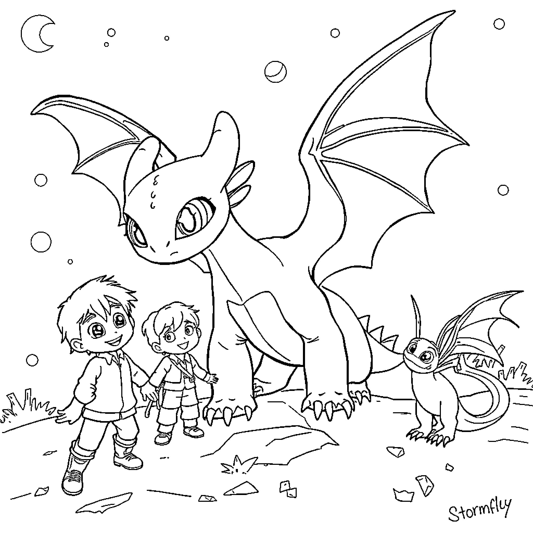Dragon walking alongside two happy children Coloring Page (free black-and-white line drawing printable PDF for all, from beginners to advanced learners, including children, teens, adults, and seniors)