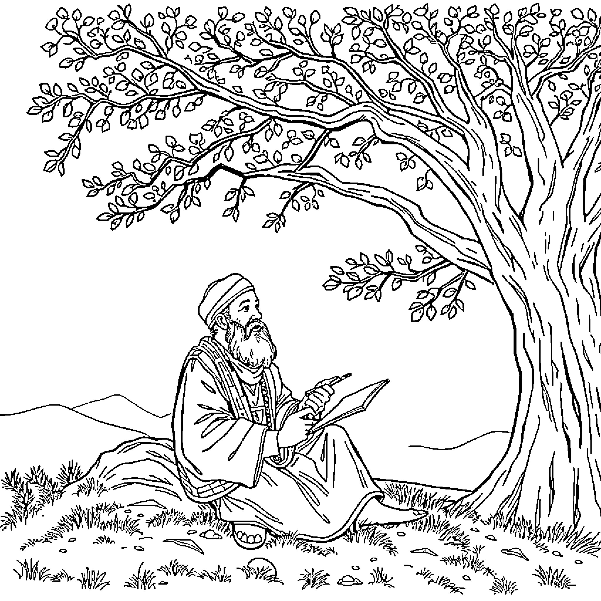 Rumi contemplating under the tree Coloring Page (free black-and-white line drawing printable PDF for all, from beginners to advanced learners, including children, teens, adults, and seniors)