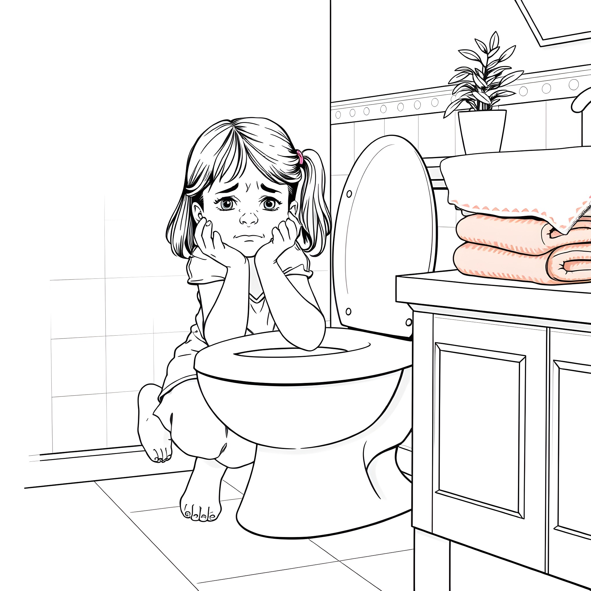 Girl sitting alone on toilet feeling sad Coloring Page (free black-and-white line drawing printable PDF for all, from beginners to advanced learners, including children, teens, adults, and seniors)