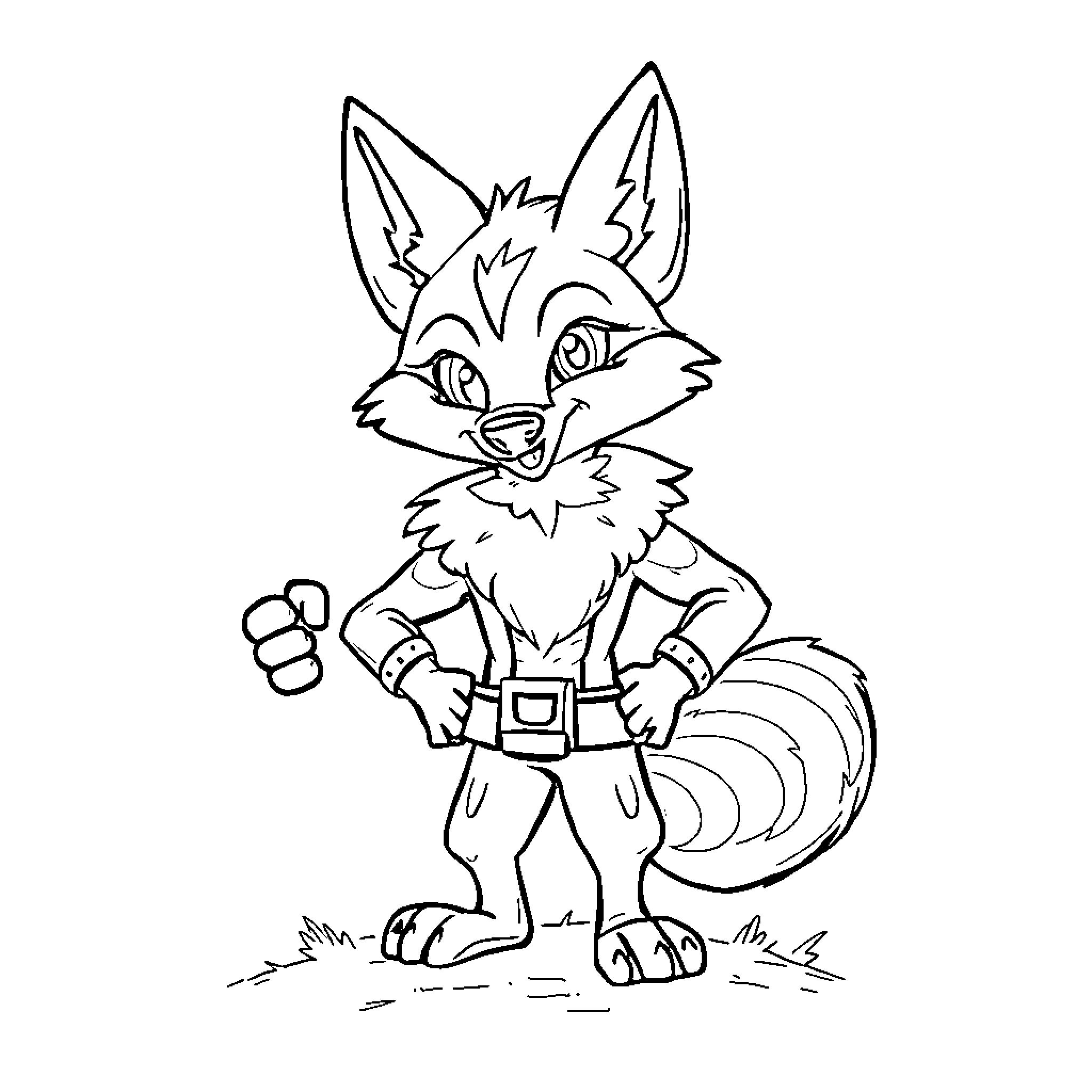 Coyote in adventurous pose with accessories Coloring Page (free black-and-white line drawing printable PDF for all, from beginners to advanced learners, including children, teens, adults, and seniors)