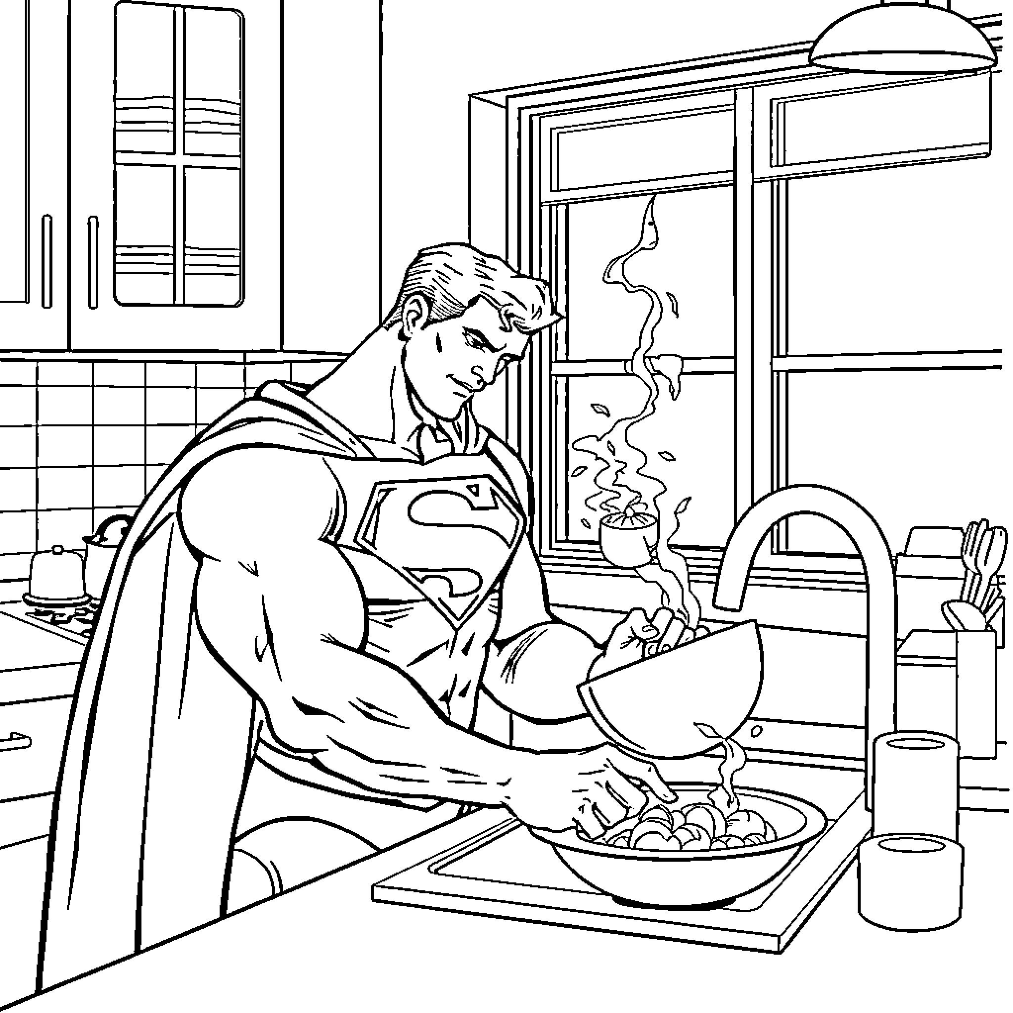 Superman preparing food in a kitchen setting Coloring Page (free black-and-white line drawing printable PDF for all, from beginners to advanced learners, including children, teens, adults, and seniors)