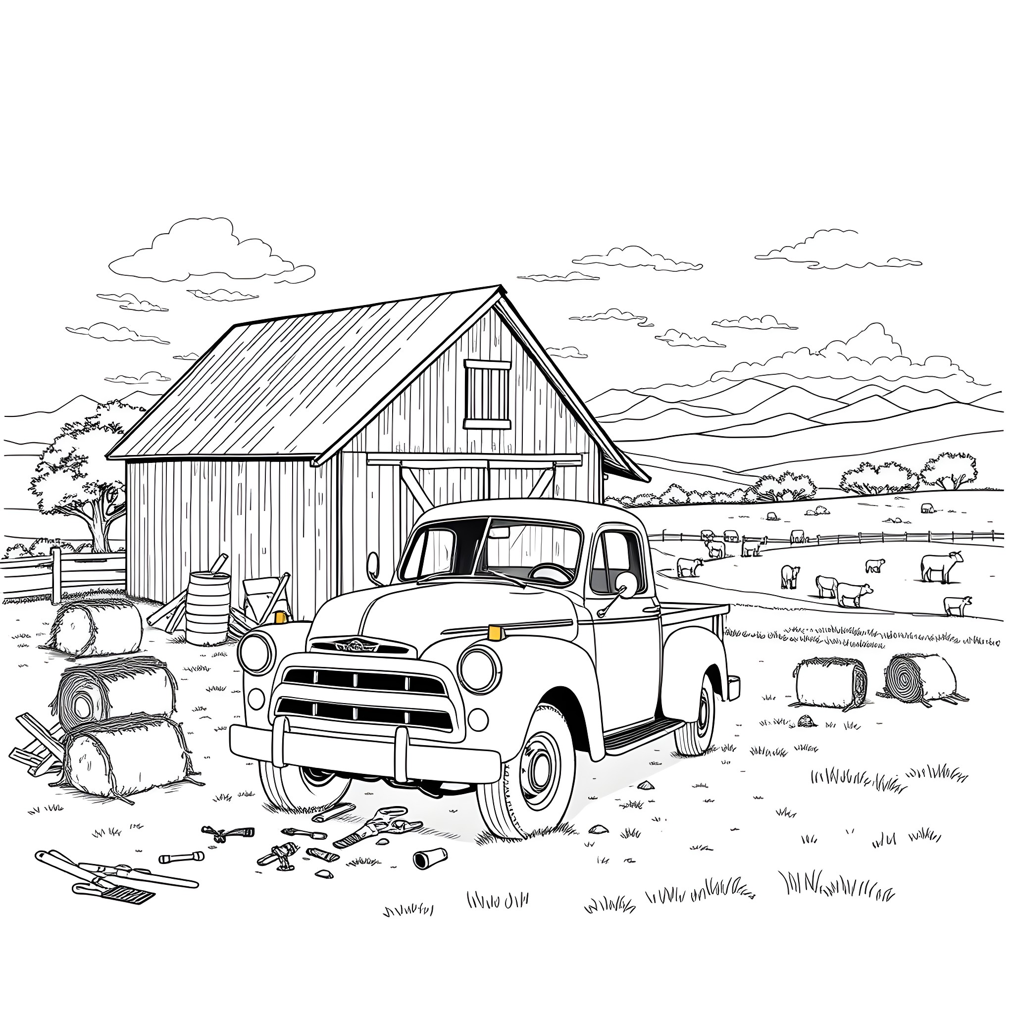 Truck parked near rustic barn in countryside Coloring Page (free black-and-white line drawing printable PDF for all, from beginners to advanced learners, including children, teens, adults, and seniors)