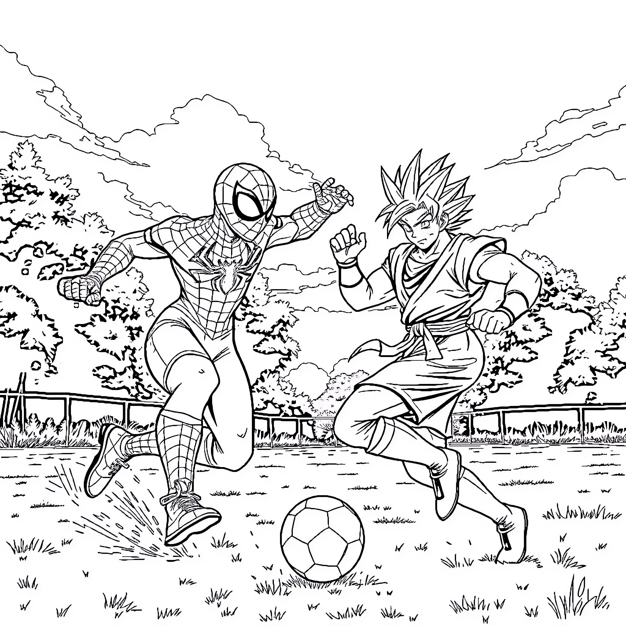 Spiderman and Goku face off in a sports field Coloring Page (free black-and-white line drawing printable PDF for all, from beginners to advanced learners, including children, teens, adults, and seniors)