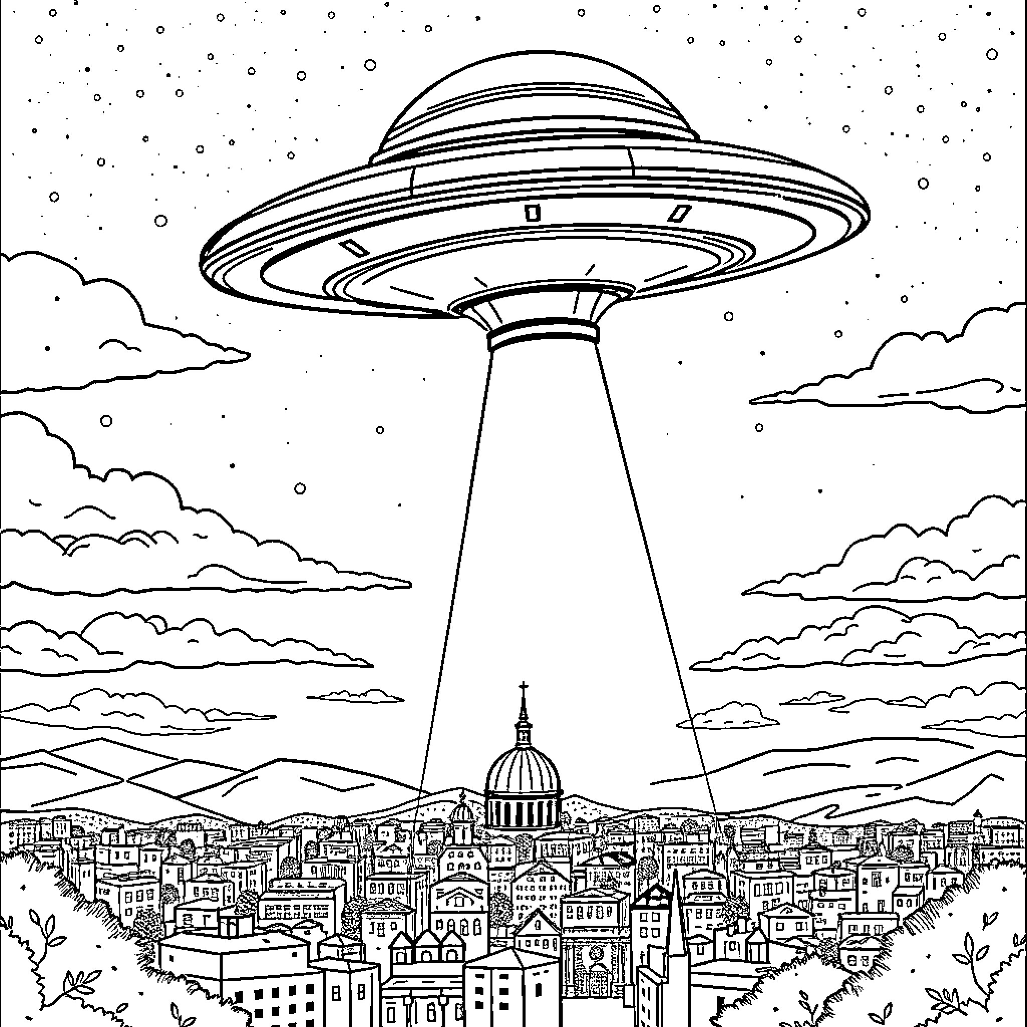 UFO hovering over city skyline at night Coloring Page (free black-and-white line drawing printable PDF for all, from beginners to advanced learners, including children, teens, adults, and seniors)