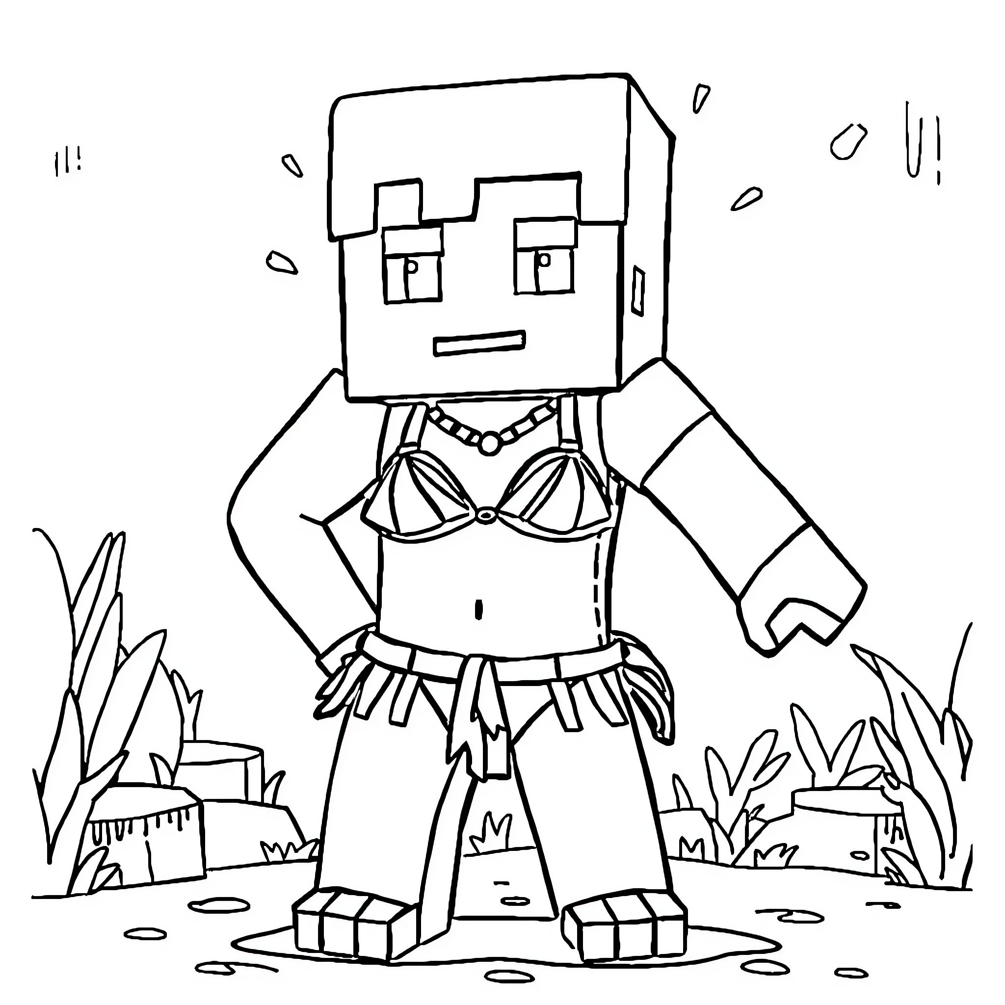 Minecraft Character wearing tribal clothing in the wilderness Coloring Page (free black-and-white line drawing printable PDF for all, from beginners to advanced learners, including children, teens, adults, and seniors)