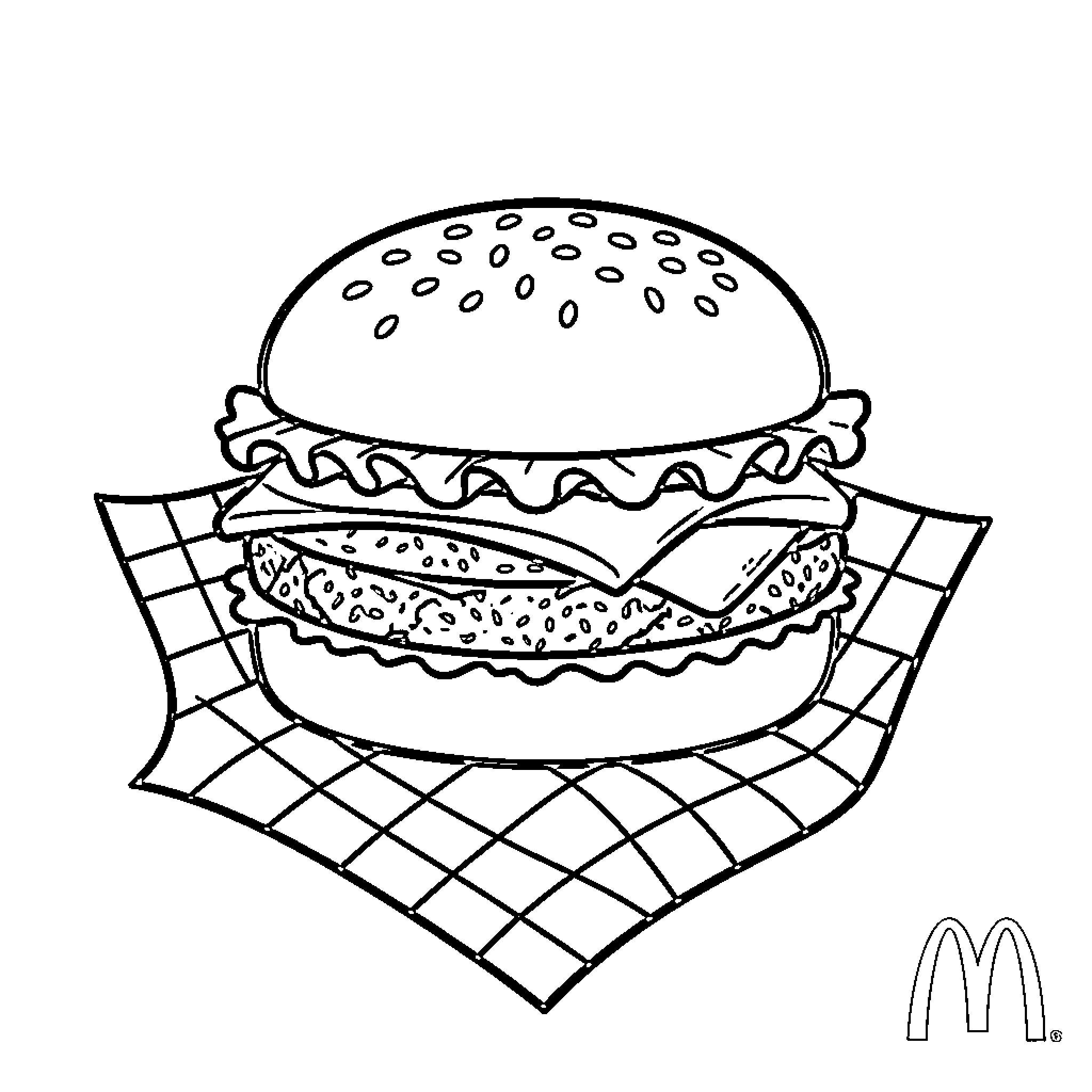 Burger sitting on a checkered napkin Coloring Page (free black-and-white line drawing printable PDF for all, from beginners to advanced learners, including children, teens, adults, and seniors)