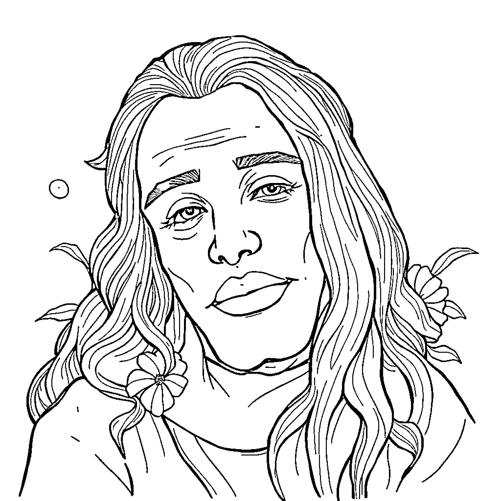 Unknown woman with long flowing hair and floral accents Coloring Page (free black-and-white line drawing printable PDF for all, from beginners to advanced learners, including children, teens, adults, and seniors)