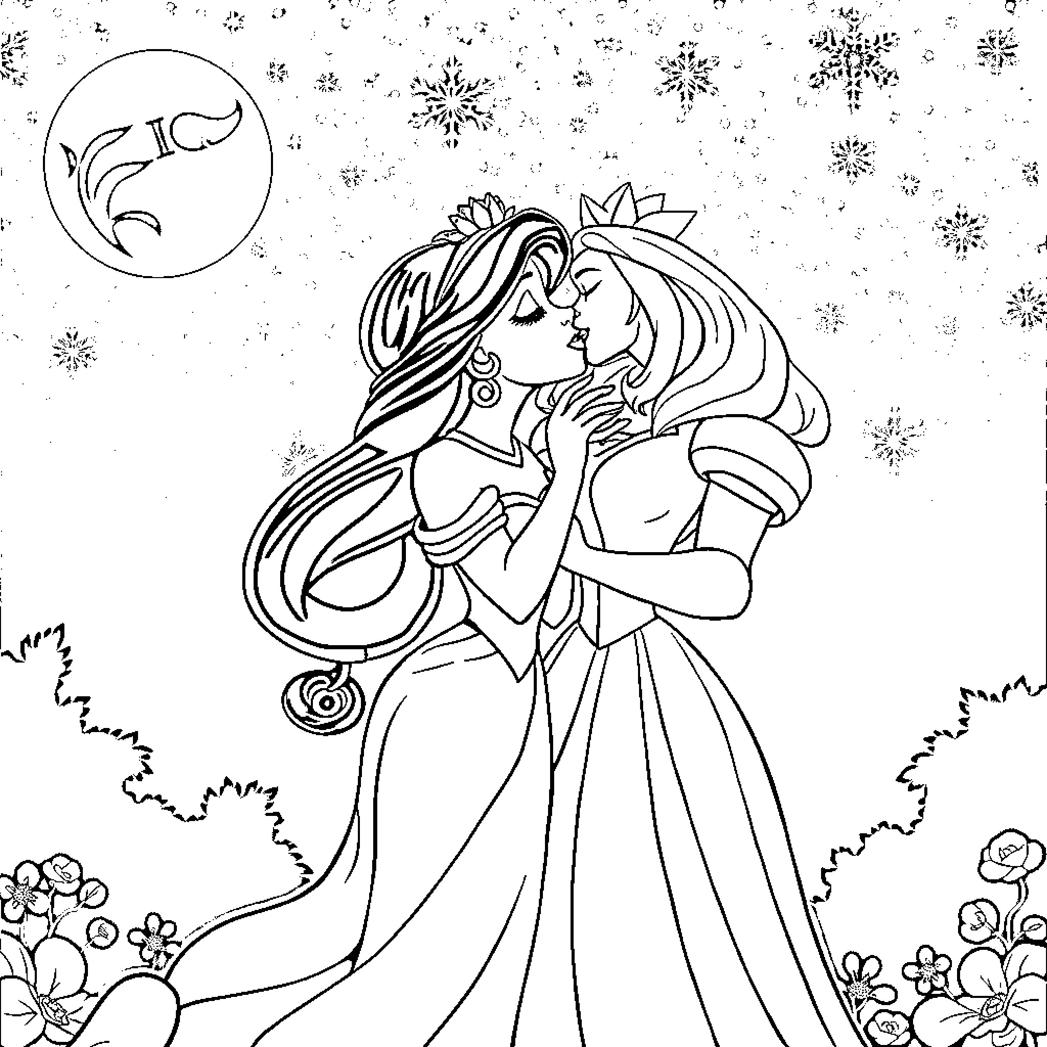 Princess kissing the prince in a winter wonderland Coloring Page (free black-and-white line drawing printable PDF for all, from beginners to advanced learners, including children, teens, adults, and seniors)