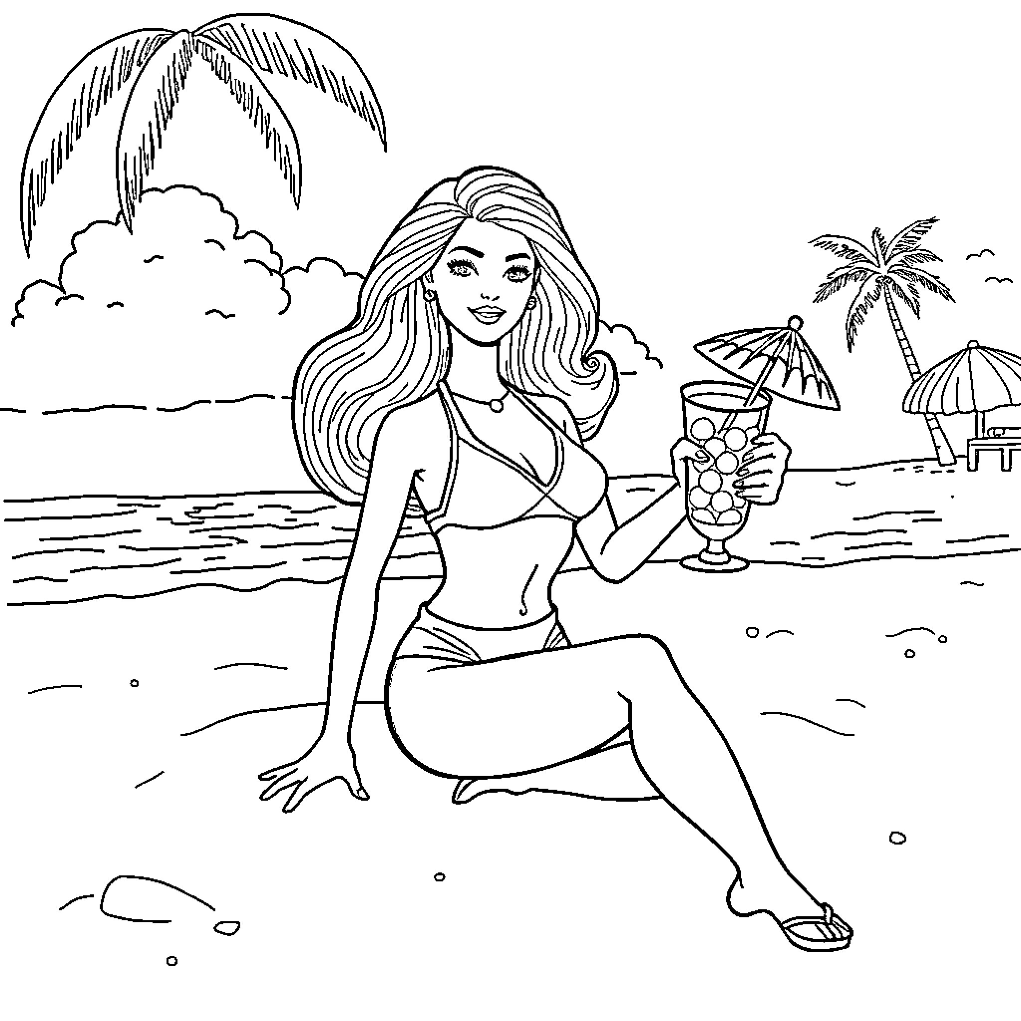 Barbie enjoying a tropical beach vacation Coloring Page (free black-and-white line drawing printable PDF for all, from beginners to advanced learners, including children, teens, adults, and seniors)
