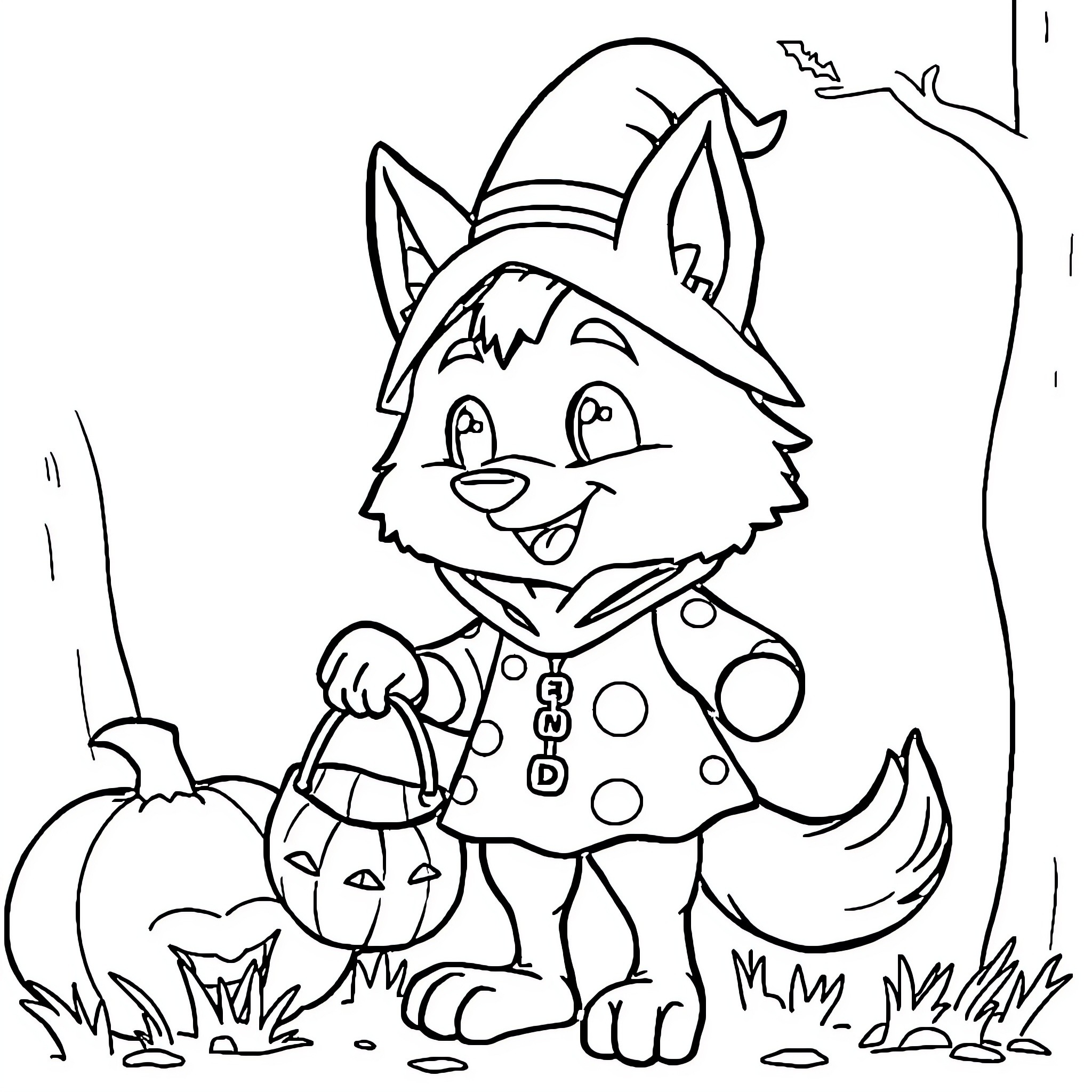 Wolf trick-or-treating with Halloween pumpkin Coloring Page (free black-and-white line drawing printable PDF for all, from beginners to advanced learners, including children, teens, adults, and seniors)