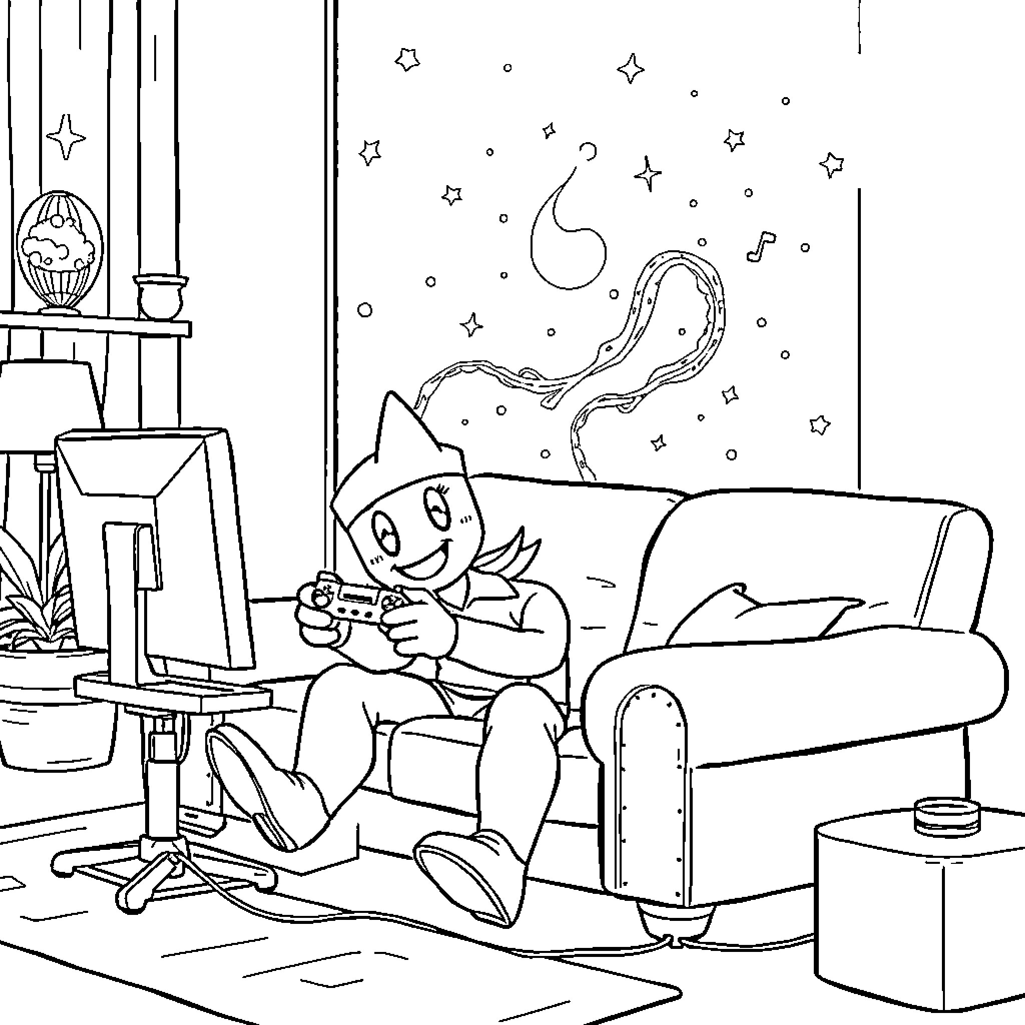 Astro figure relaxing at home with electronic devices Coloring Page (free black-and-white line drawing printable PDF for all, from beginners to advanced learners, including children, teens, adults, and seniors)