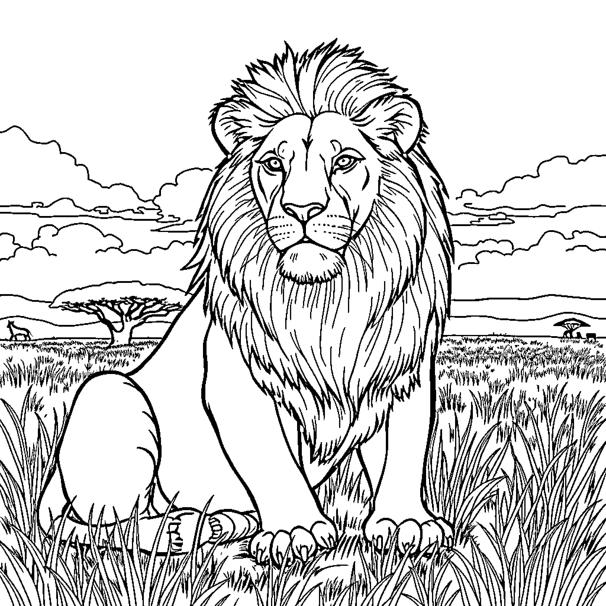 Lion standing in the wild savanna landscape Coloring Page (free black-and-white line drawing printable PDF for all, from beginners to advanced learners, including children, teens, adults, and seniors)