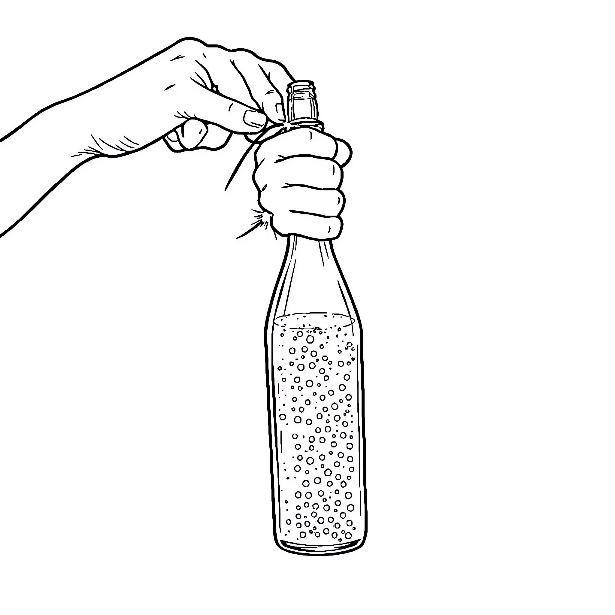 Person holding a bottle with fizzing liquid Coloring Page (free black-and-white line drawing printable PDF for all, from beginners to advanced learners, including children, teens, adults, and seniors)