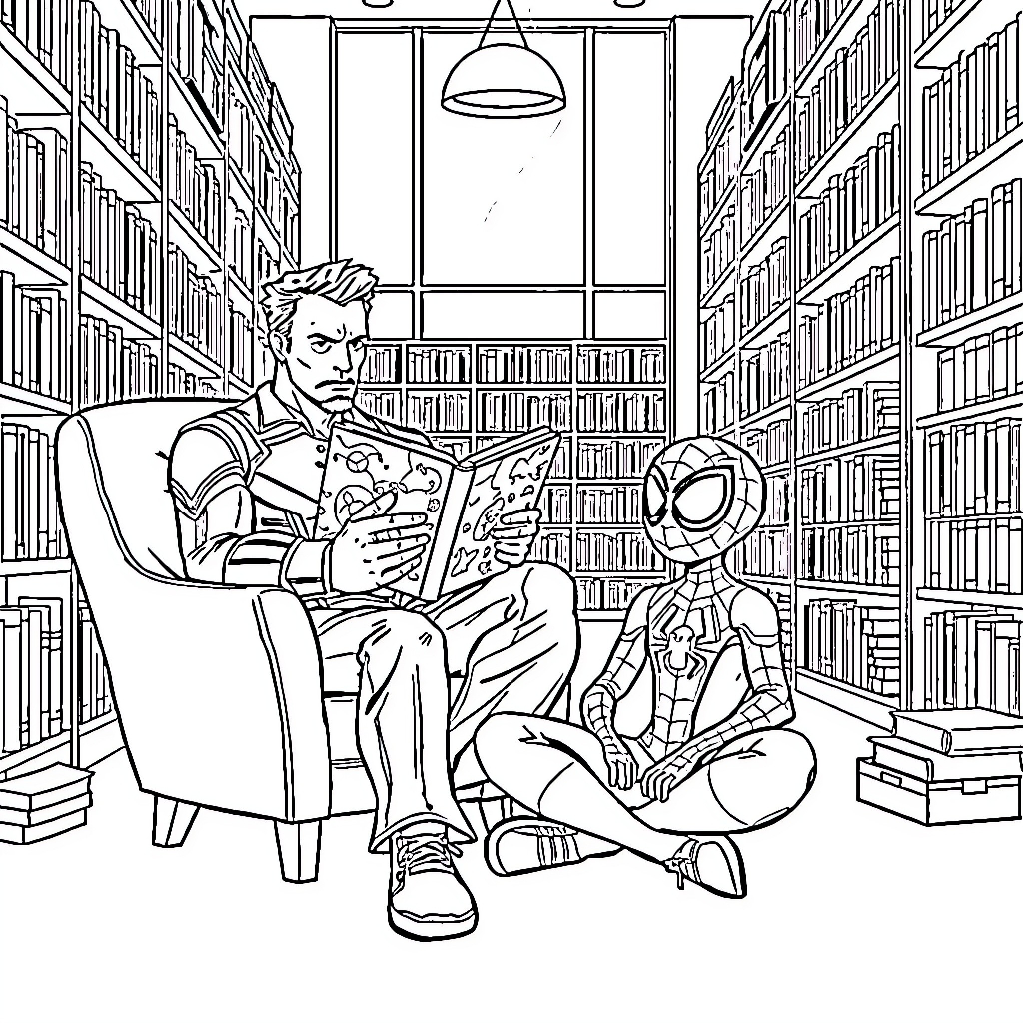 Tony Stark relaxing with Spider-Man in a library Coloring Page (free black-and-white line drawing printable PDF for all, from beginners to advanced learners, including children, teens, adults, and seniors)