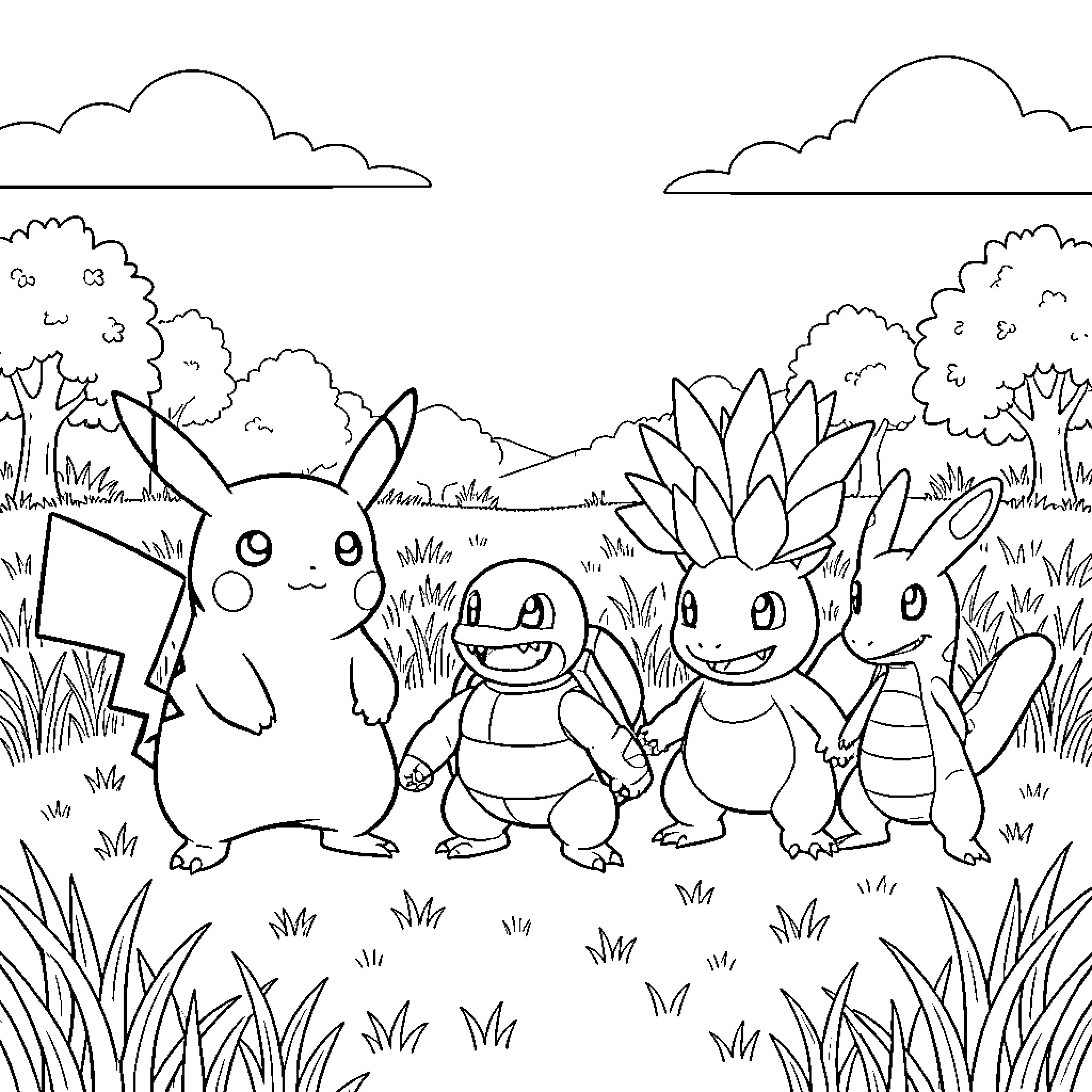 Pokémon standing together smiling in a grassy field Coloring Page (free black-and-white line drawing printable PDF for all, from beginners to advanced learners, including children, teens, adults, and seniors)