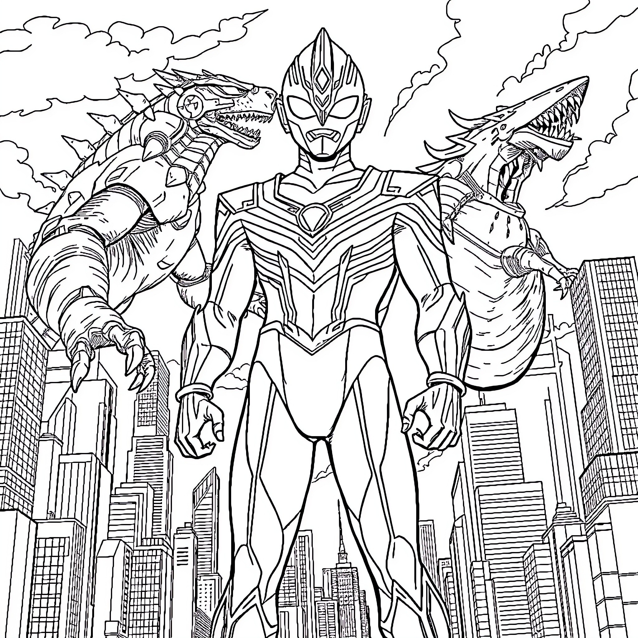 Ultraman battles giant monsters in a futuristic city Coloring Page (free black-and-white line drawing printable PDF for all, from beginners to advanced learners, including children, teens, adults, and seniors)