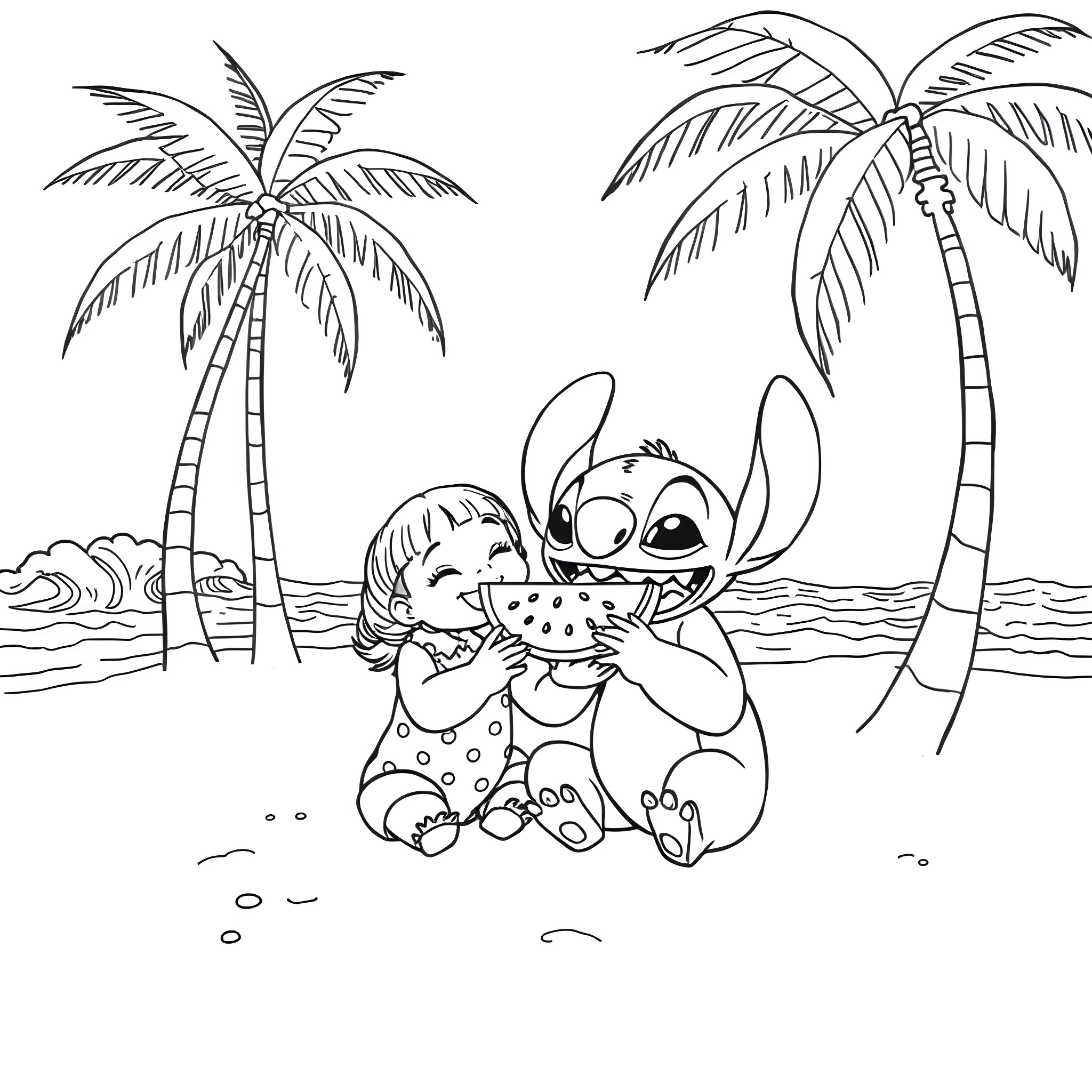 Lilo enjoying a beach day with Stitch Coloring Page (free black-and-white line drawing printable PDF for all, from beginners to advanced learners, including children, teens, adults, and seniors)