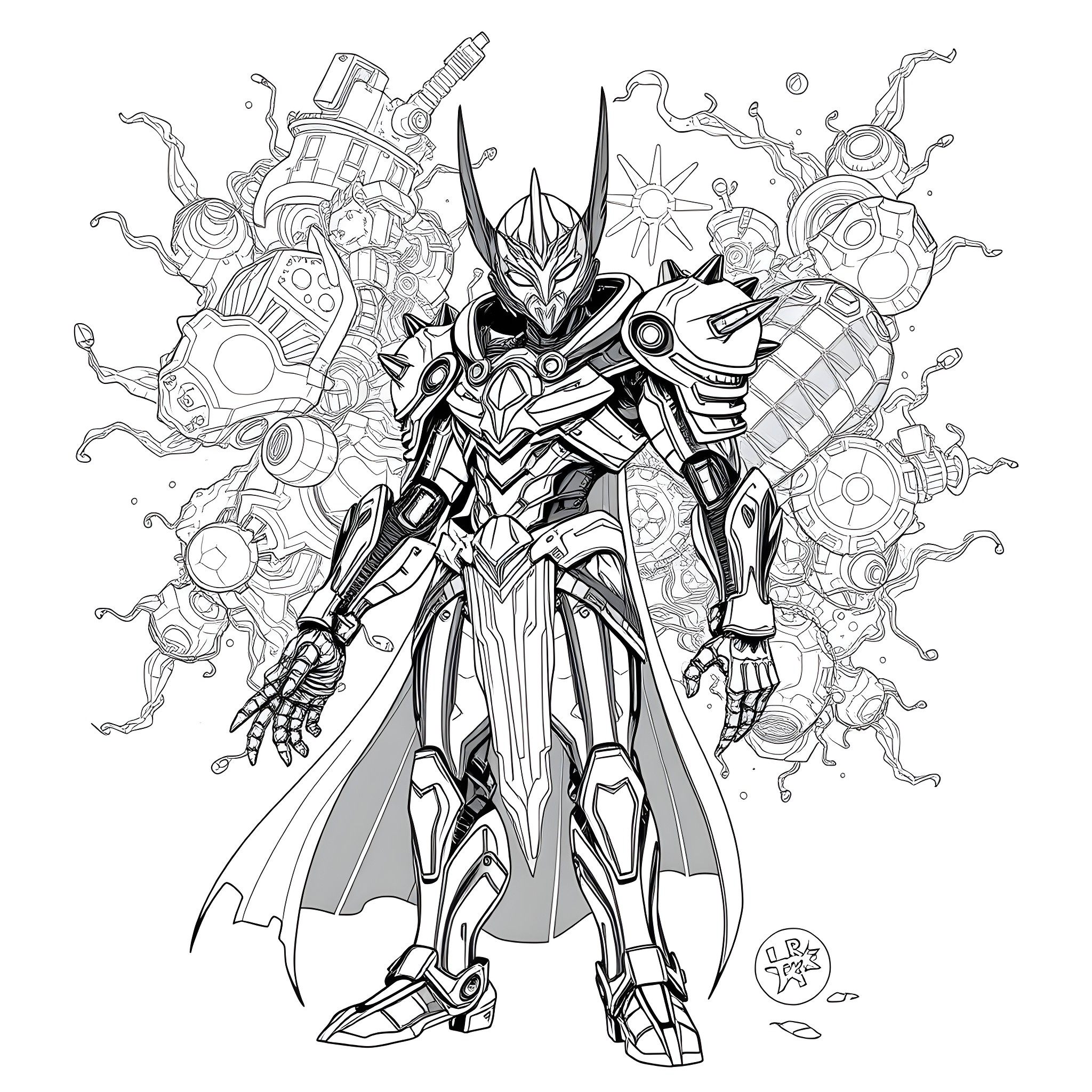 Mystallo: Cyberpunk Warrior Unleashed Coloring Page (free black-and-white line drawing printable PDF for all, from beginners to advanced learners, including children, teens, adults, and seniors)