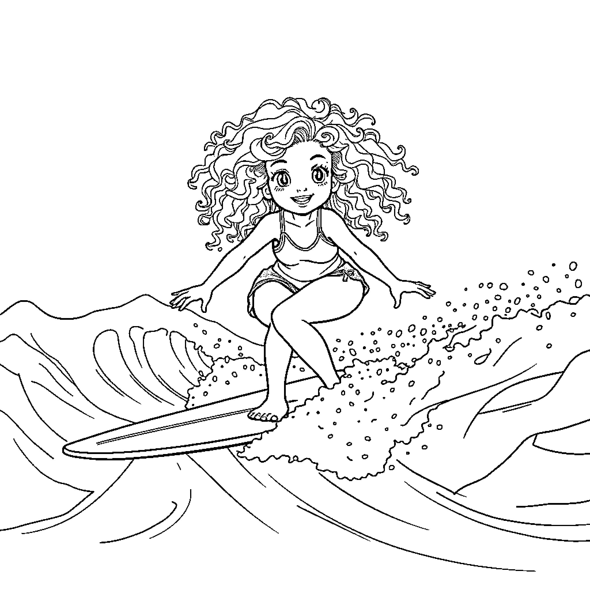 Girl surfing happily on ocean waves Coloring Page (free black-and-white line drawing printable PDF for all, from beginners to advanced learners, including children, teens, adults, and seniors)
