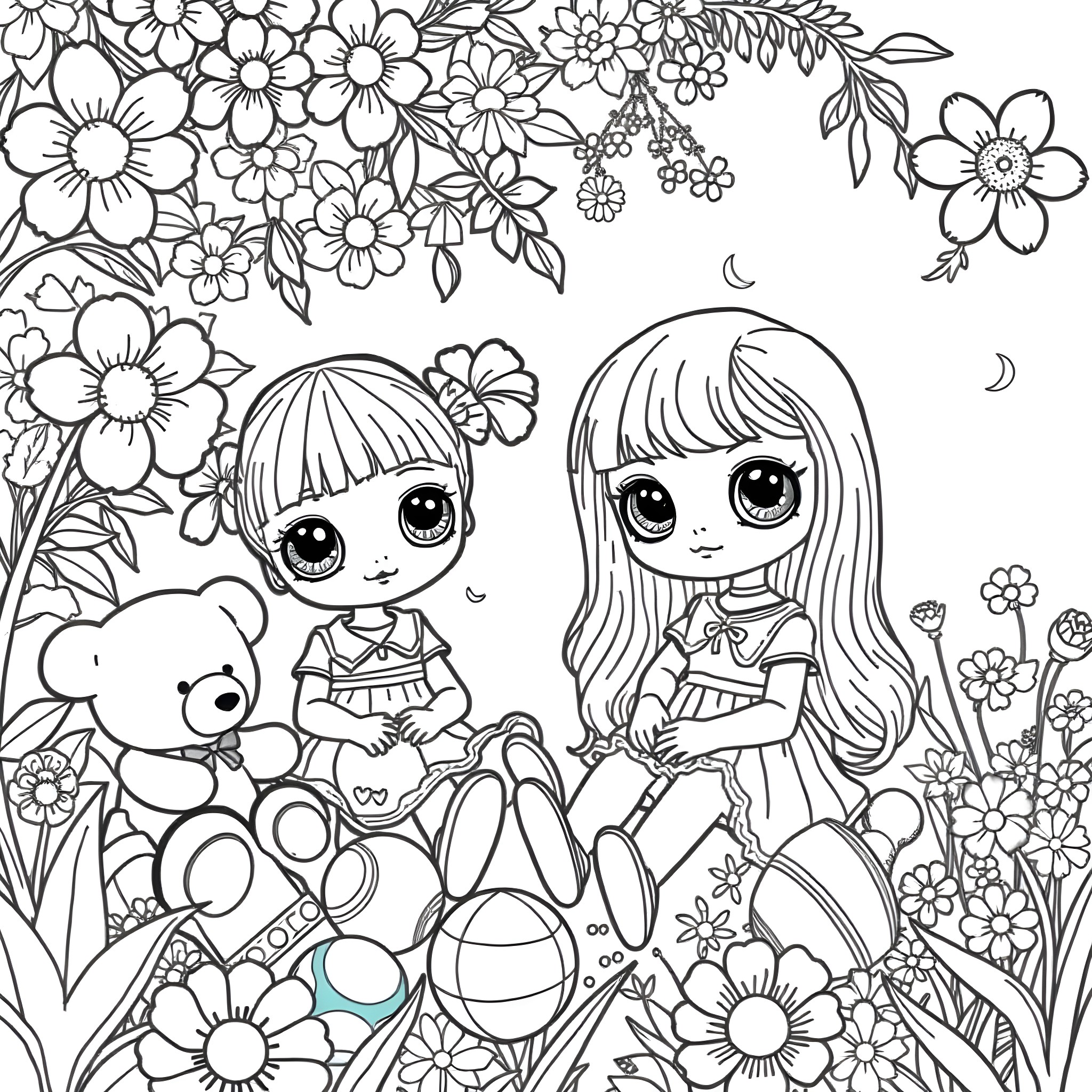 Doll friends enjoying floral garden Coloring Page (free black-and-white line drawing printable PDF for all, from beginners to advanced learners, including children, teens, adults, and seniors)