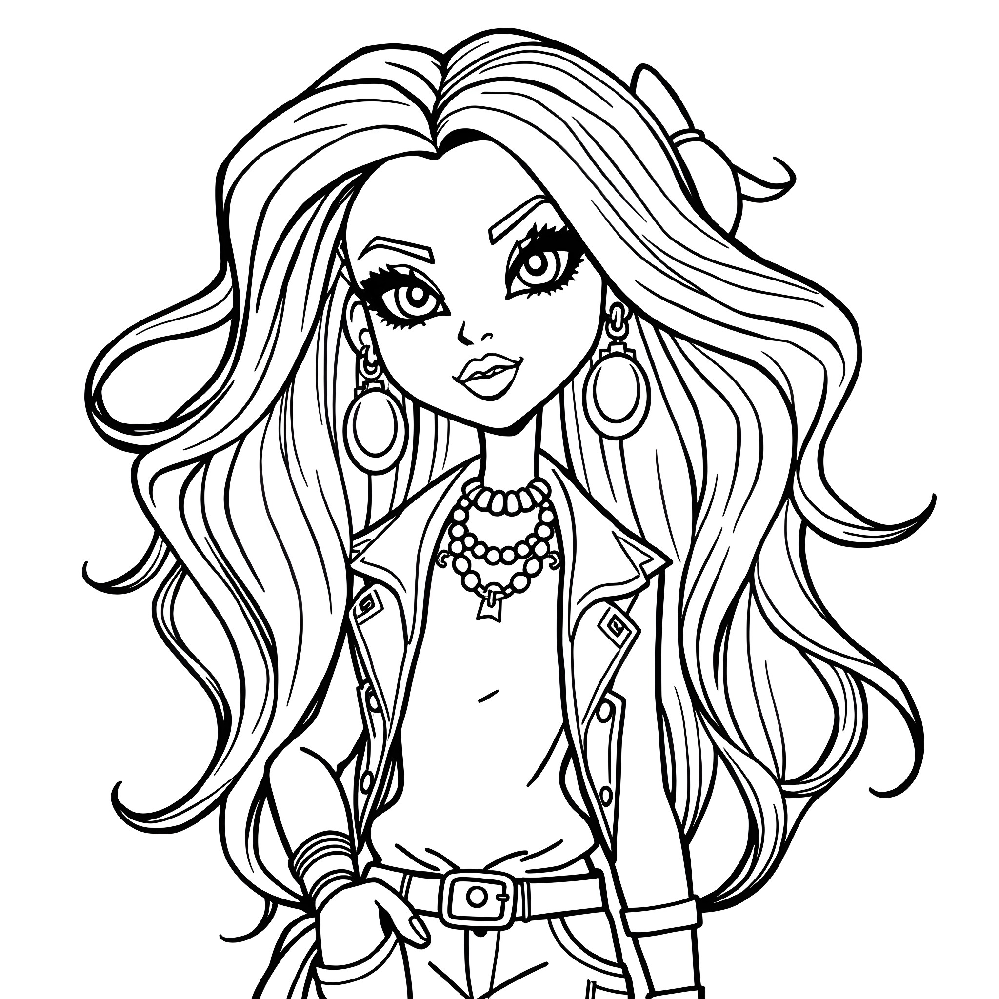 Bratz doll with stylish outfit and accessories Coloring Page (free black-and-white line drawing printable PDF for all, from beginners to advanced learners, including children, teens, adults, and seniors)