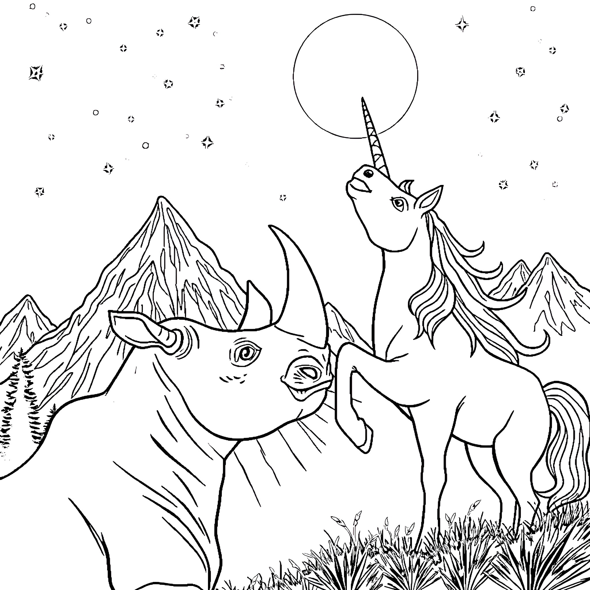 Rhinos in a Fantastical Landscape Coloring Page (free black-and-white line drawing printable PDF for all, from beginners to advanced learners, including children, teens, adults, and seniors)