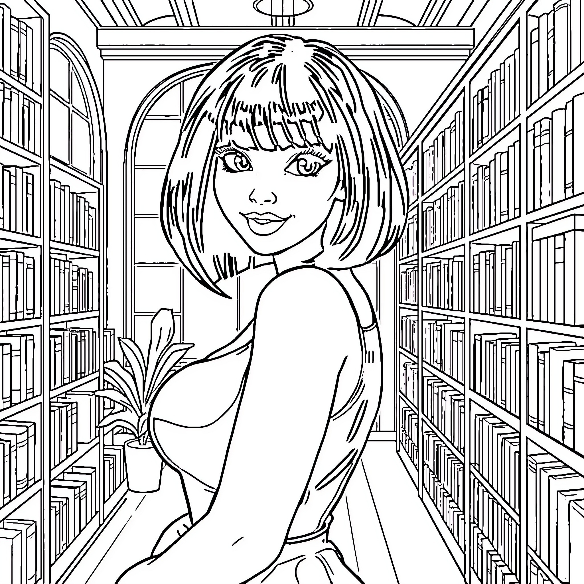 Woman browsing through library shelves Coloring Page (free black-and-white line drawing printable PDF for all, from beginners to advanced learners, including children, teens, adults, and seniors)