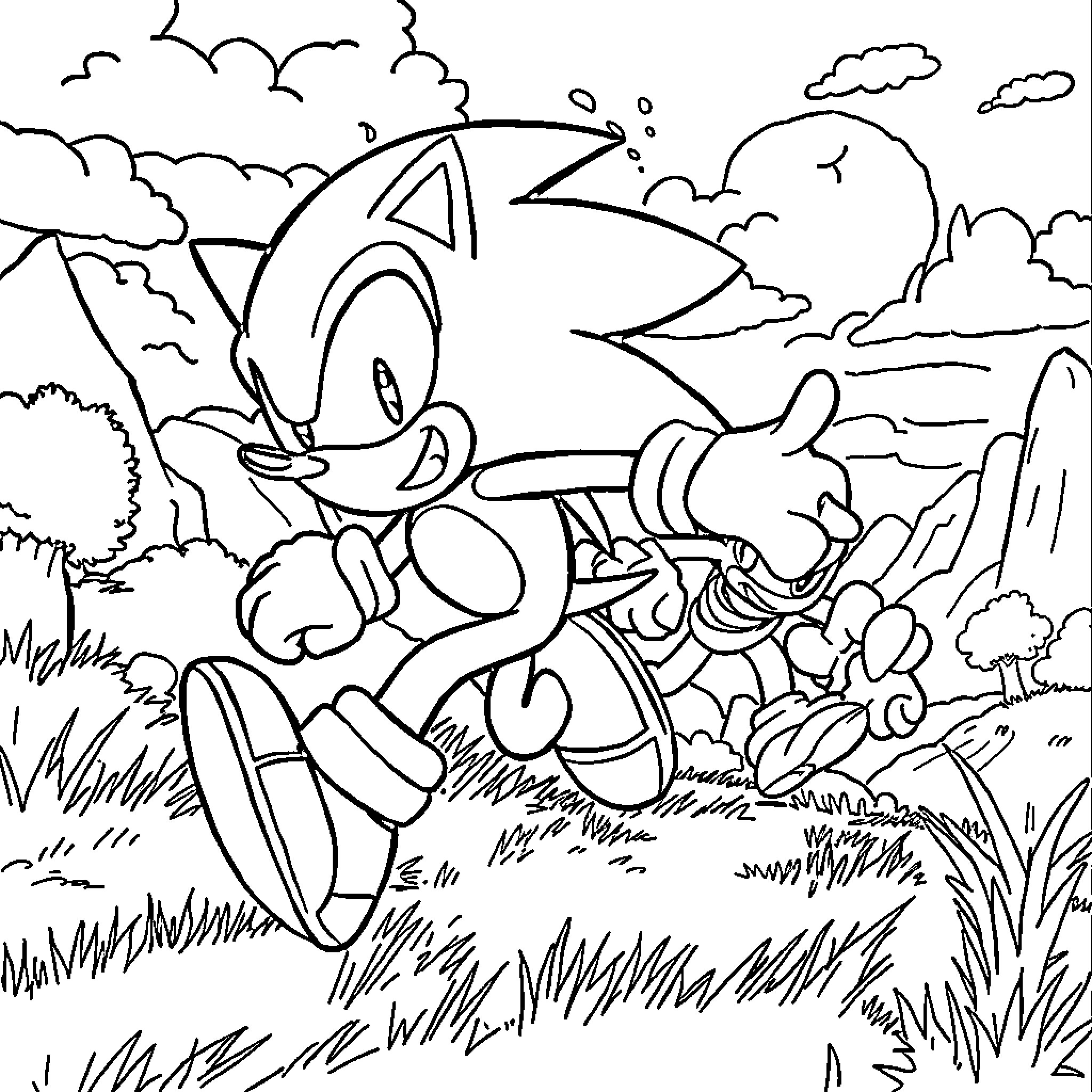 Sonic character running through a scenic landscape Coloring Page (free black-and-white line drawing printable PDF for all, from beginners to advanced learners, including children, teens, adults, and seniors)