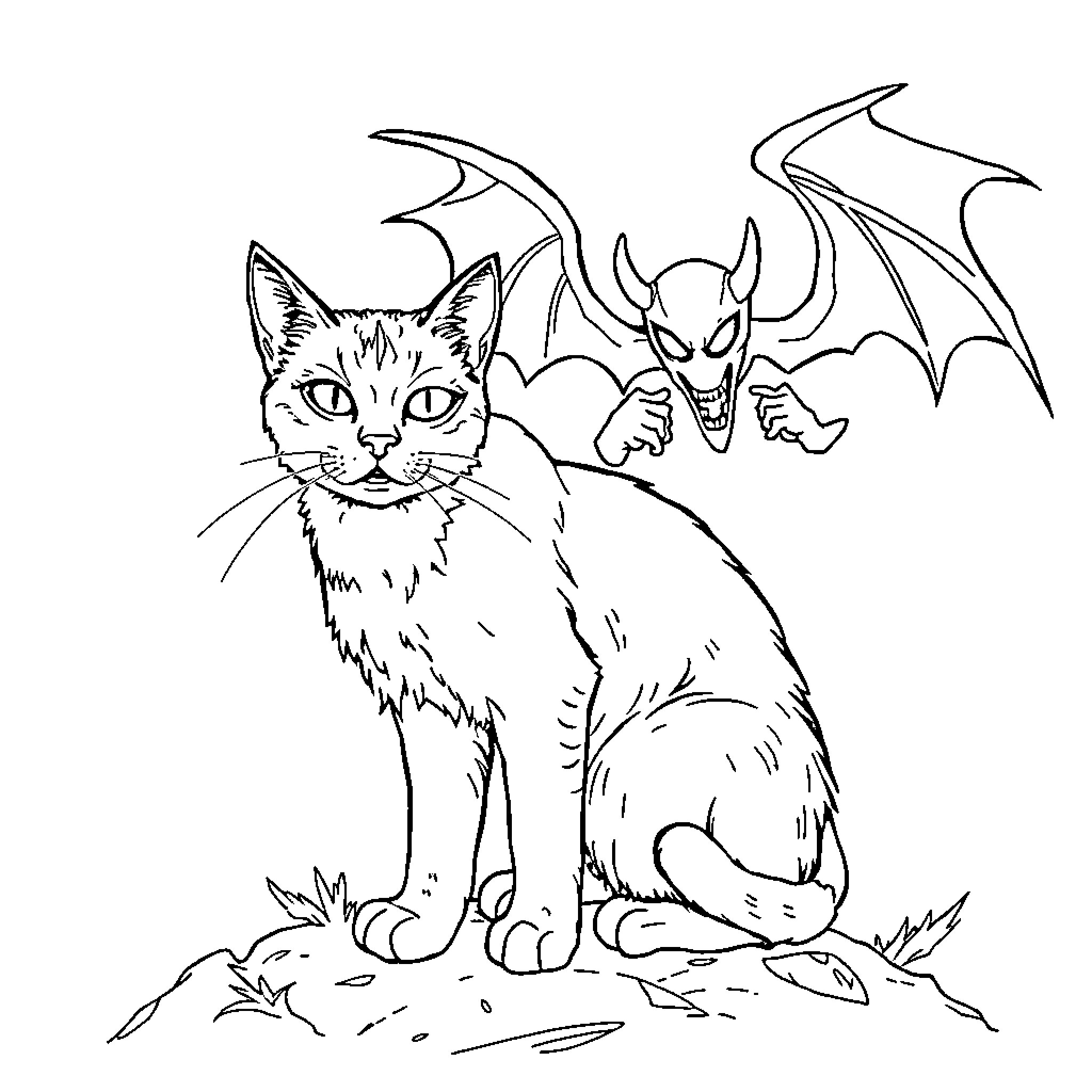 Shiro Cat encountering a demonic bat creature Coloring Page (free black-and-white line drawing printable PDF for all, from beginners to advanced learners, including children, teens, adults, and seniors)