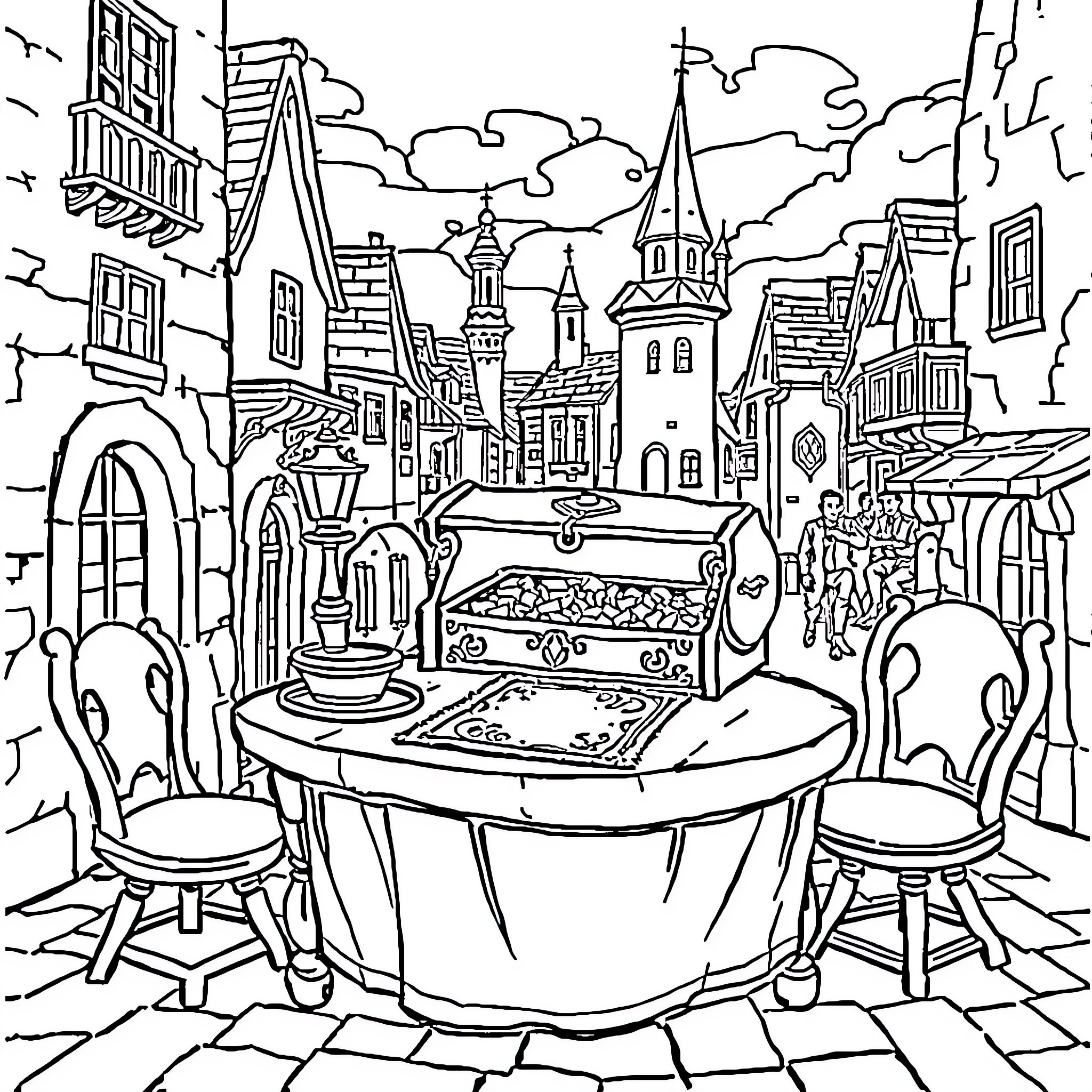 Treasure Map of a Whimsical Town Landscape Coloring Page (free black-and-white line drawing printable PDF for all, from beginners to advanced learners, including children, teens, adults, and seniors)