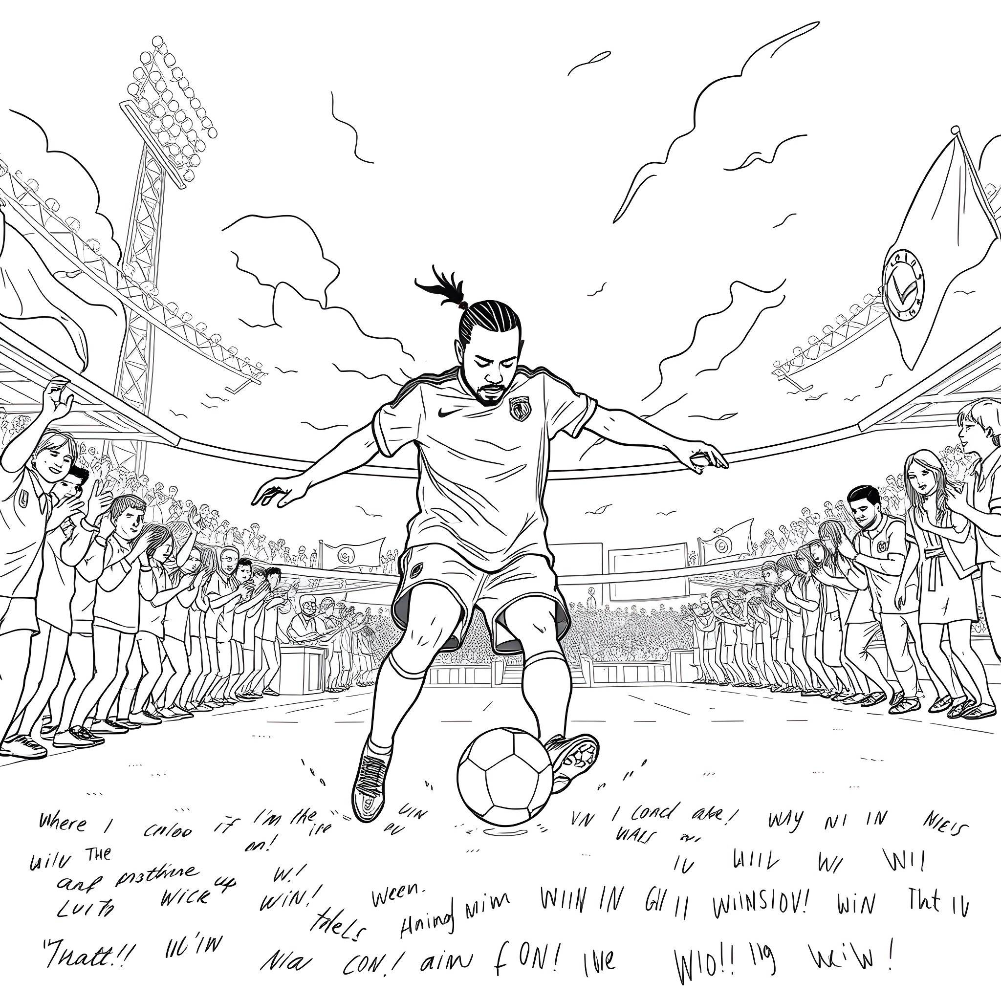Travis Scott Celebrates After Scoring in Soccer Match Coloring Page (free black-and-white line drawing printable PDF for all, from beginners to advanced learners, including children, teens, adults, and seniors)