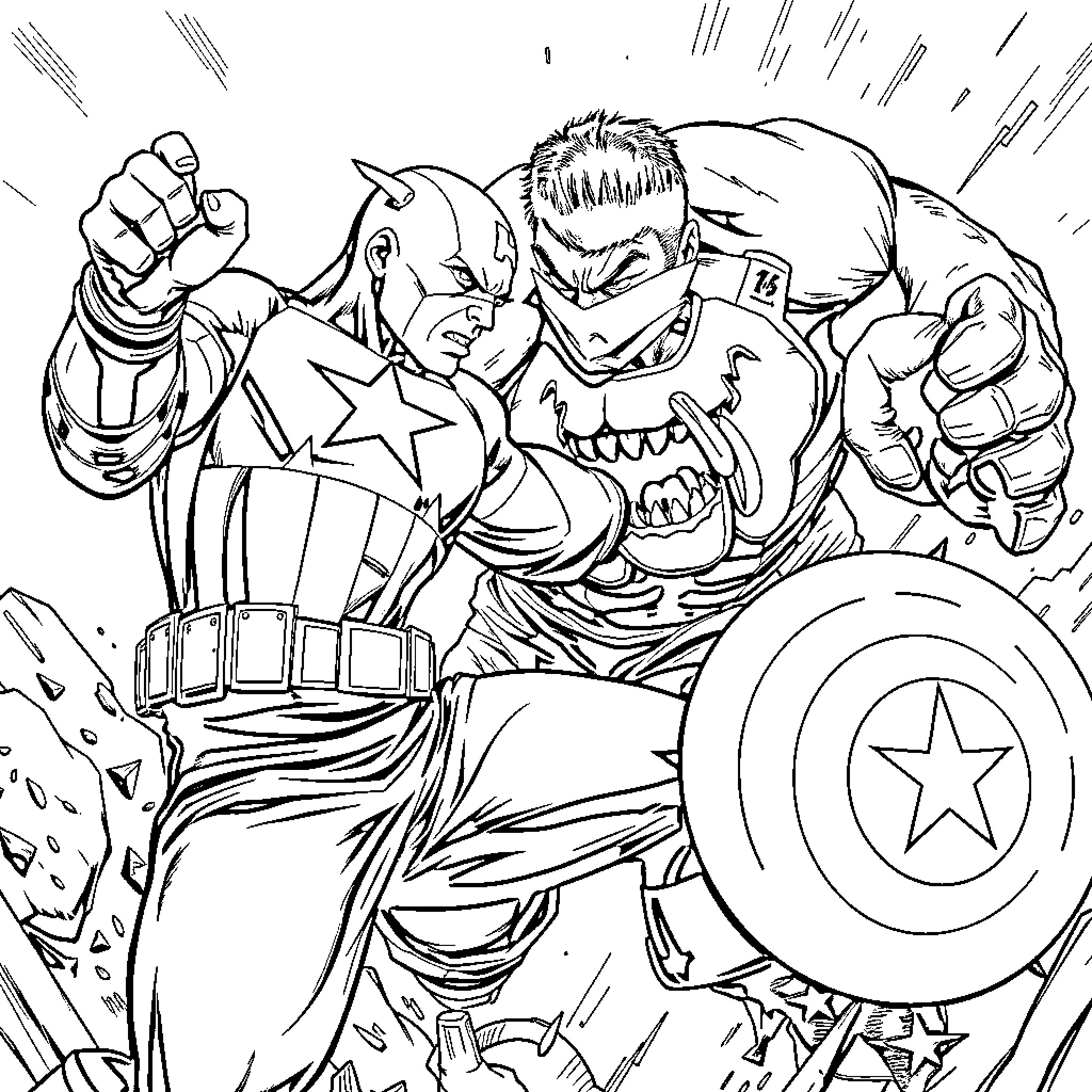 Captain America fighting against a menacing villain Coloring Page (free black-and-white line drawing printable PDF for all, from beginners to advanced learners, including children, teens, adults, and seniors)